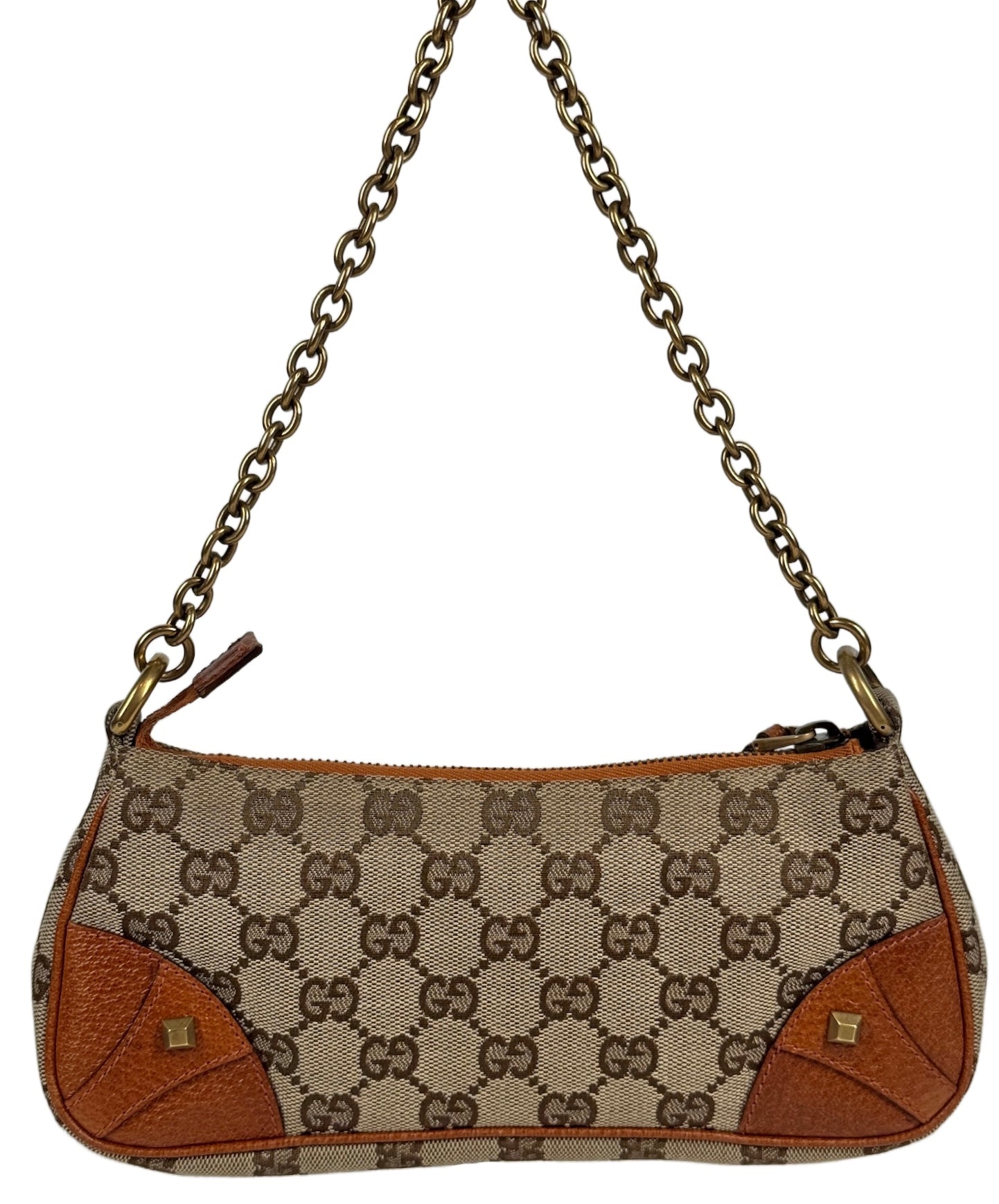 Gucci Vintage Brown GG Monogram Canvas Orange Leather Trim Chain Link Studded Shoulder Pochette Bag