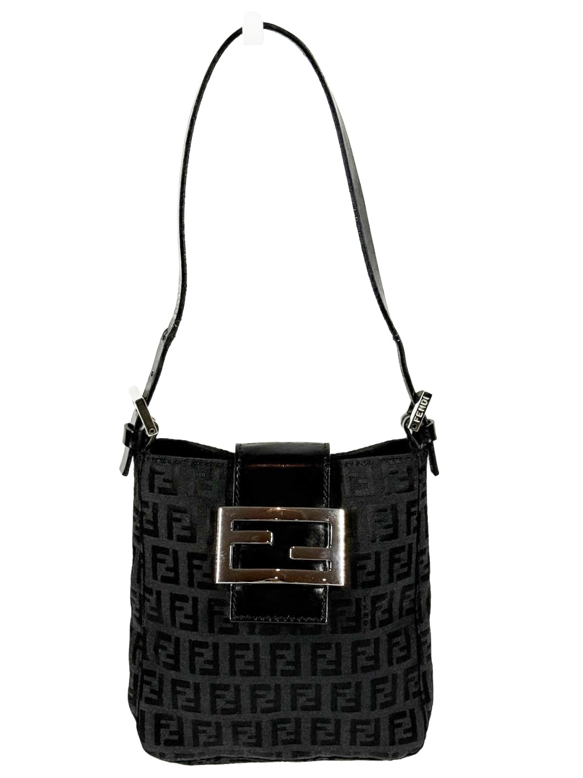 Fendi Vintage Black Zucca Monogram Phone Holder Pochette Baguette