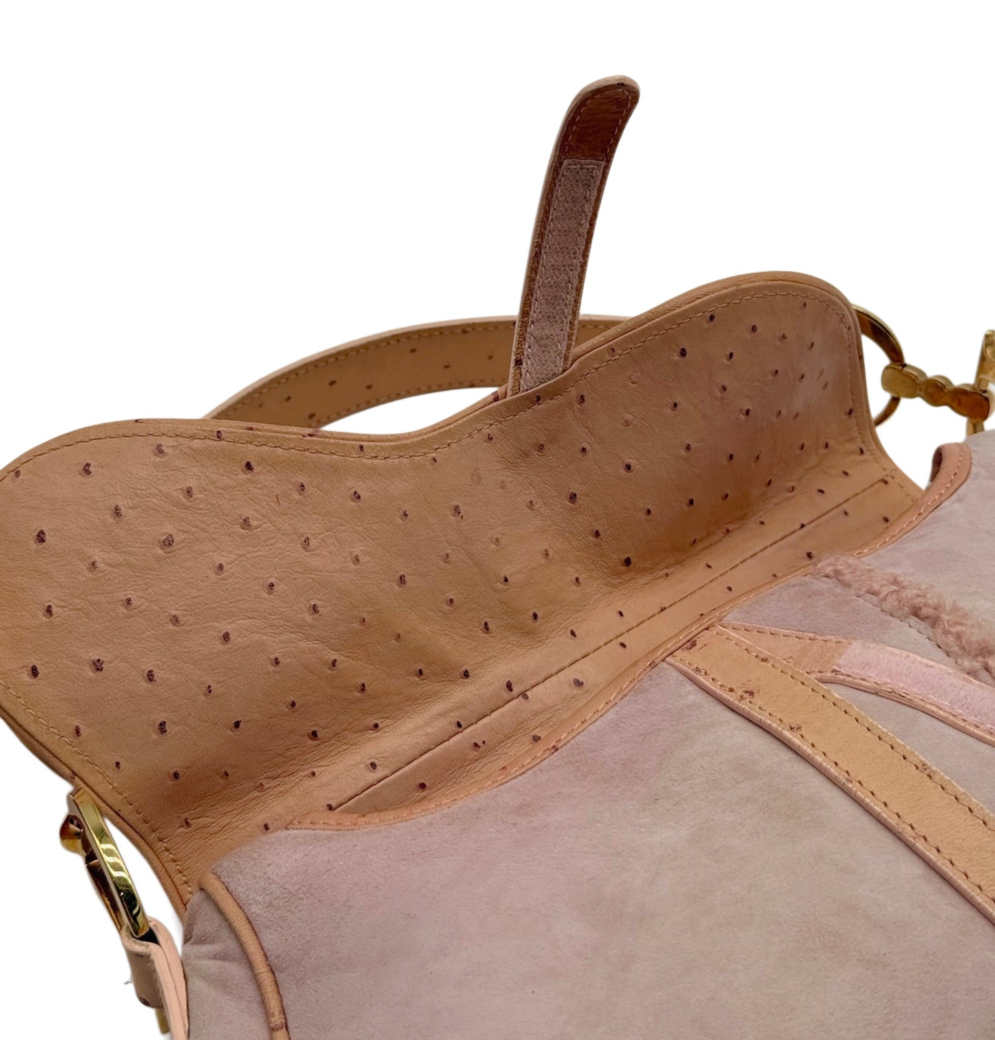 Dior Vintage 2000 Light Pink Micro Suede Shearling & Ostrich Trim Medium Saddle Shoulder Bag