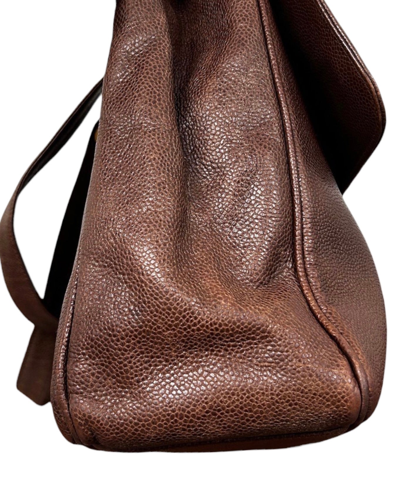Chanel Vintage 1995 Dark Brown Caviar Leather Double Sided CC Turnlock XL Shoulder Tote Bag