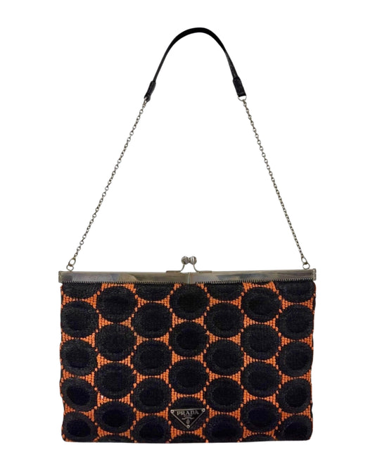 Prada Vintage Black & Orange Polka Dot Kisslock Chain Clutch Shoulder Bag