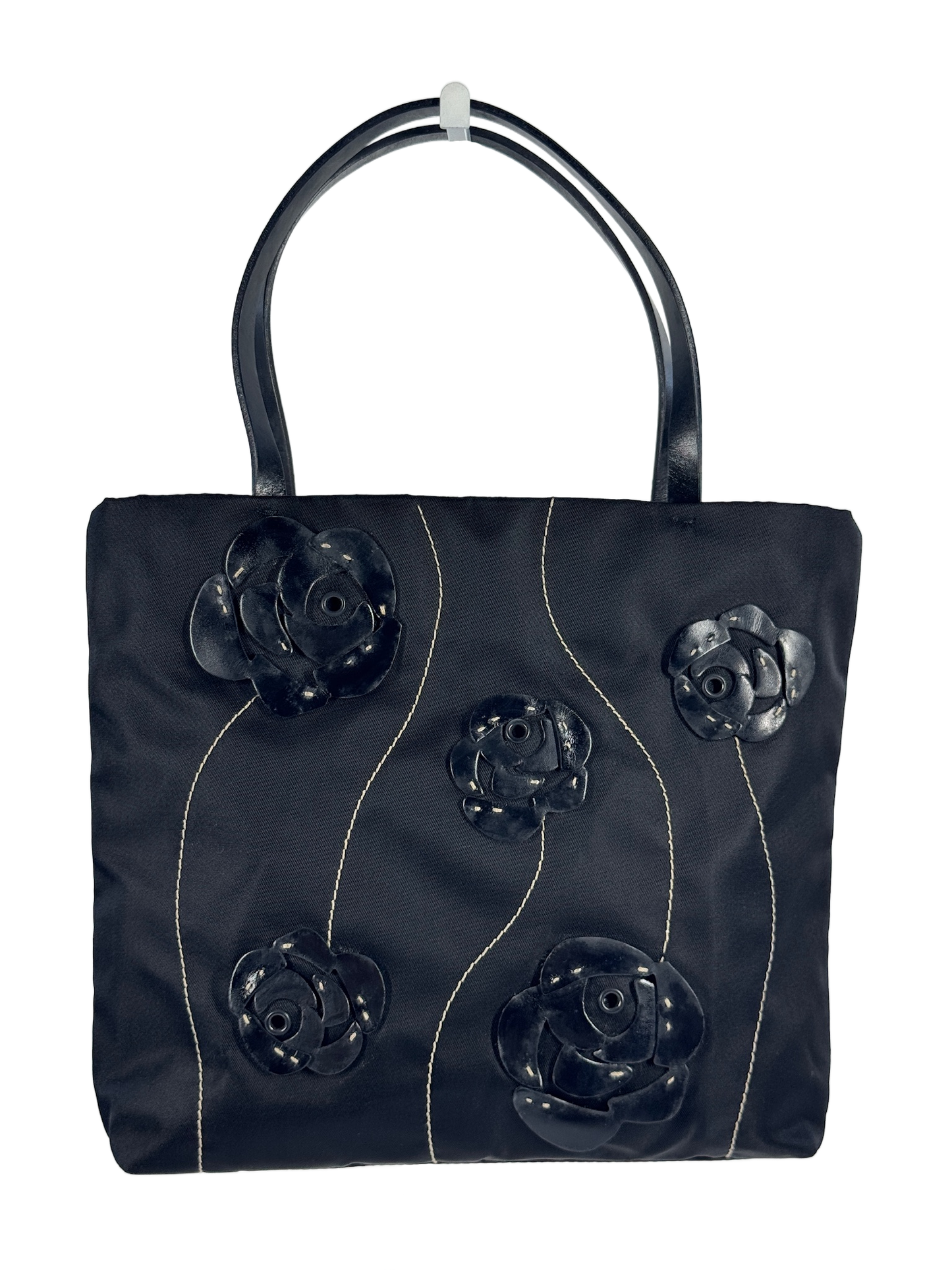 Prada Vintage Black Nylon Leather Flower Embellished Mini Top Handle Tote Bag