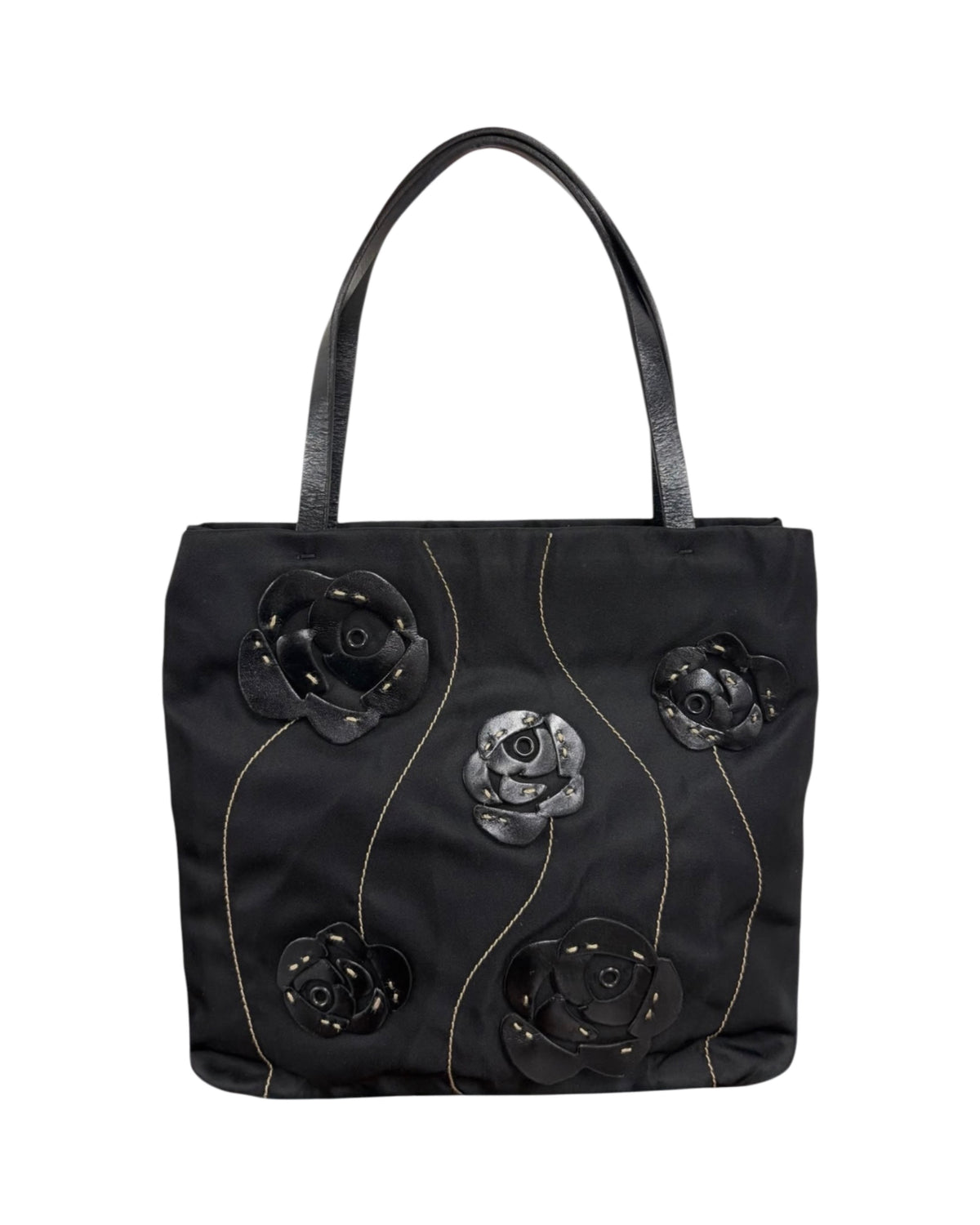 Prada Vintage Black Tessuto Nylon Leather Rosette Mini Top Handle Tote Bag