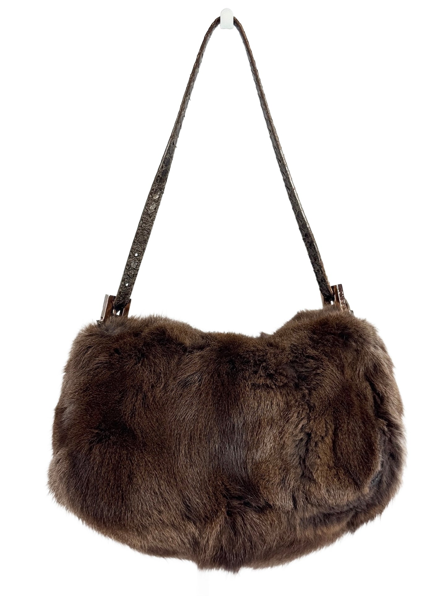 Fendi Brown Rabbit Fur Snakeskin Trim Mini Mamma Baguette Shoulder Bag