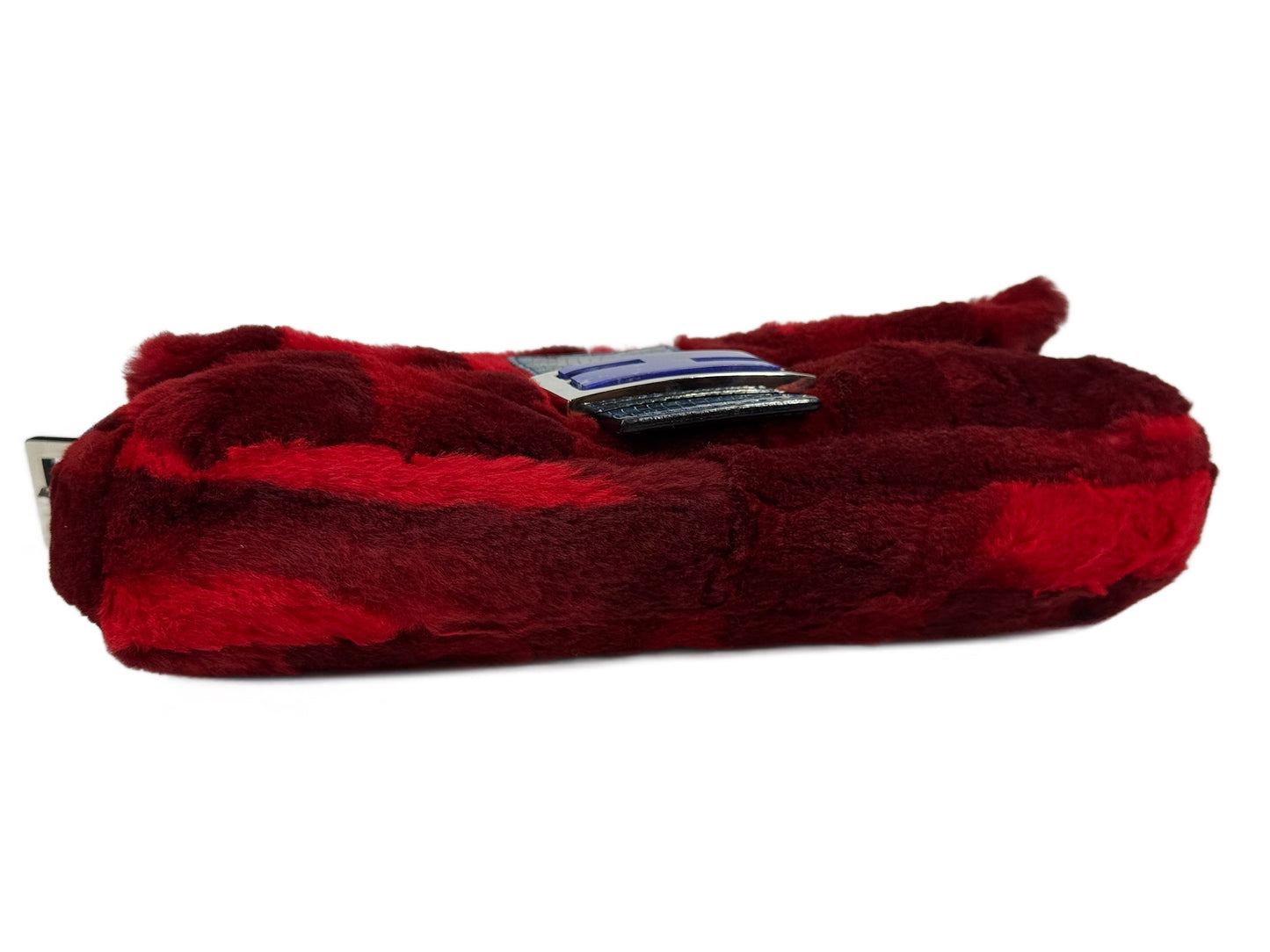 Fendi Vintage Red Rabbit Fur Blue Lizard Trim Shoulder Baguette Bag