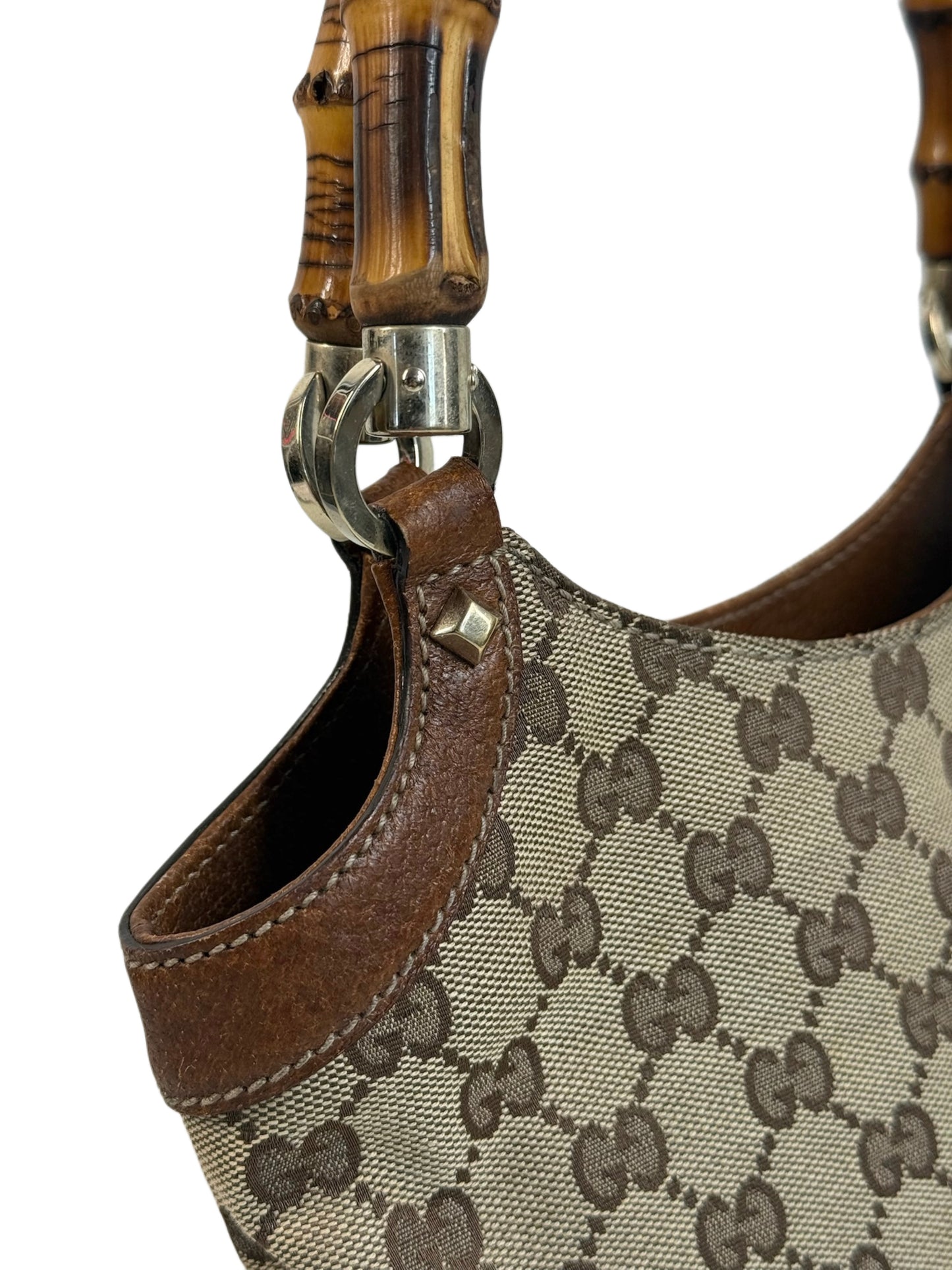 Gucci Vintage Brown GG Monogram Canvas Bamboo Handle Small Shoulder Tote Bag