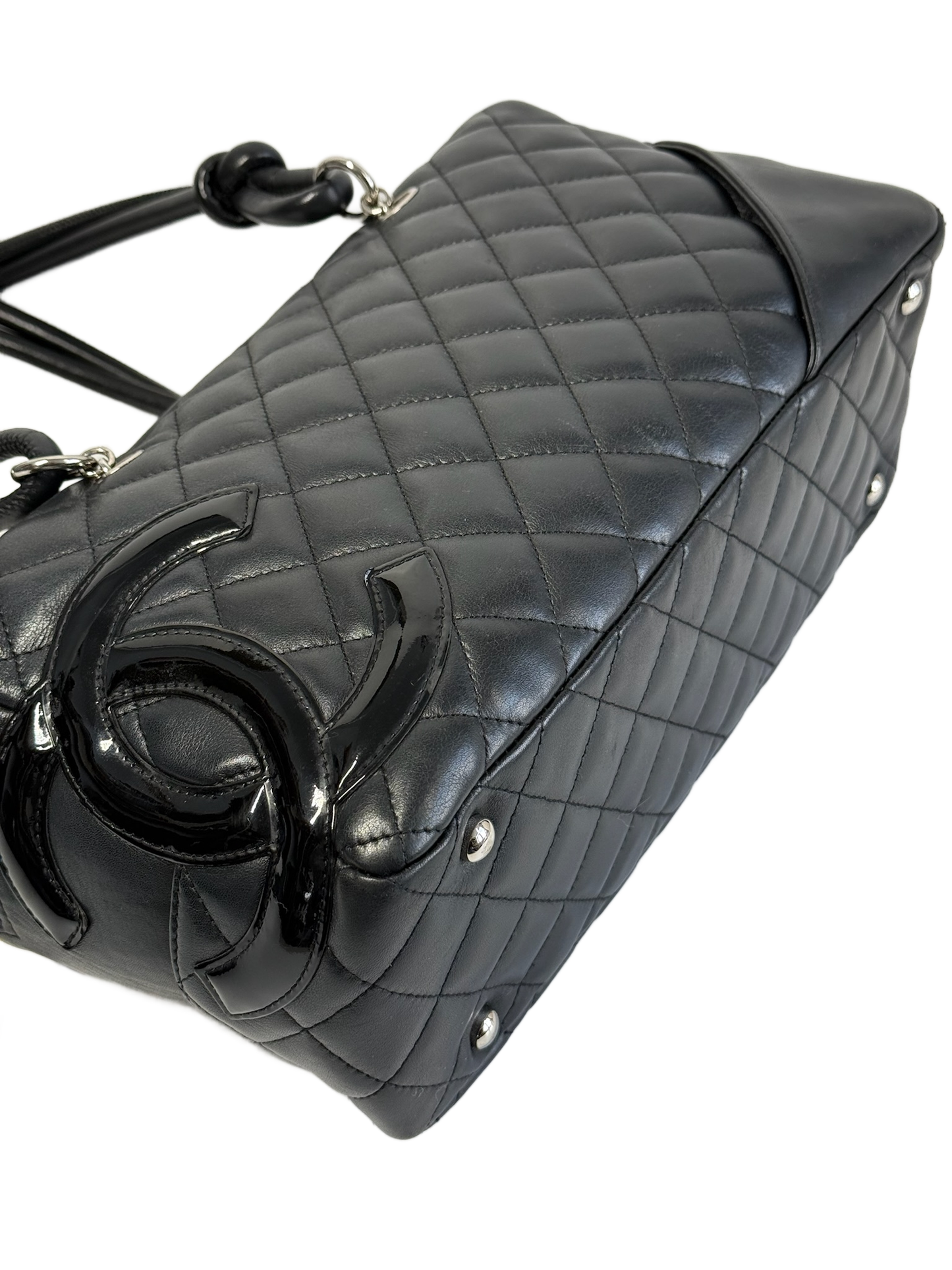 Chanel Vintage Black Quilted Lambskin Small Cambon CC Bowler Shoulder Bag