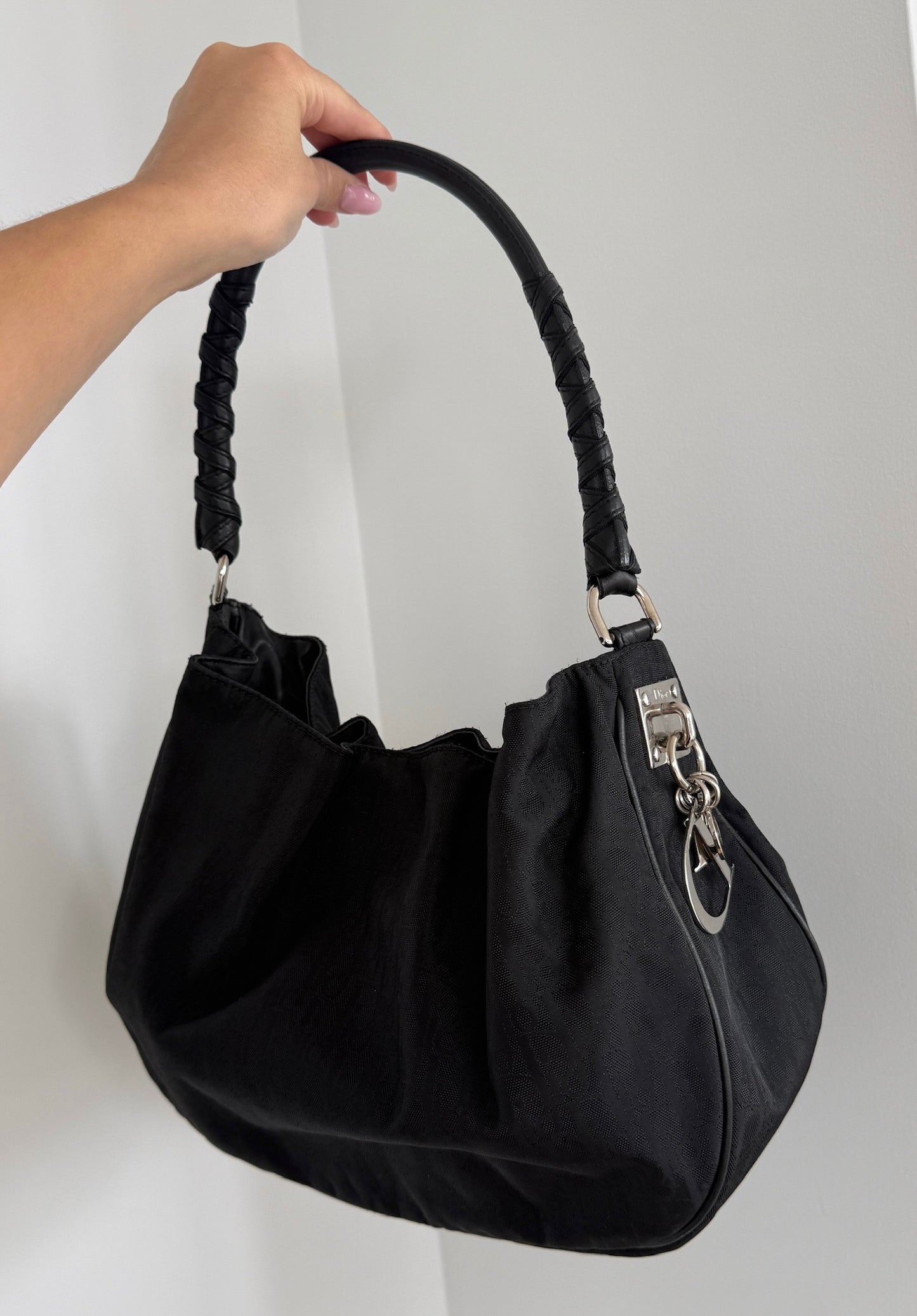Dior Vintage 2007 Black Nylon Diorissimo Monogram Lovely Charms Hobo Shoulder Bag