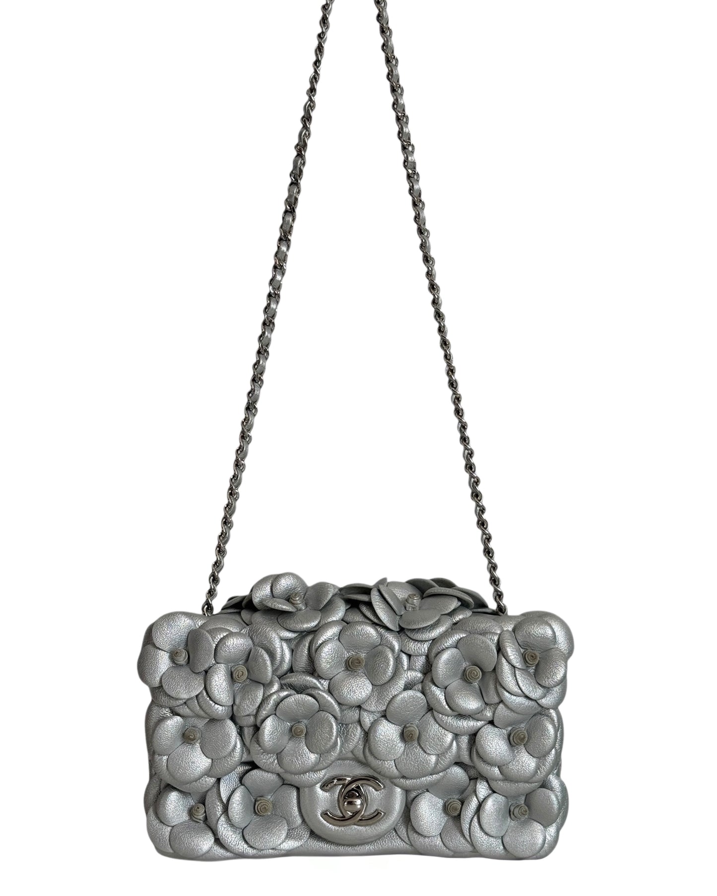 Chanel 2016 Metallic Silver Camellia Floral Lambskin Appliqué Classic Mini Rectangular Flap Bag