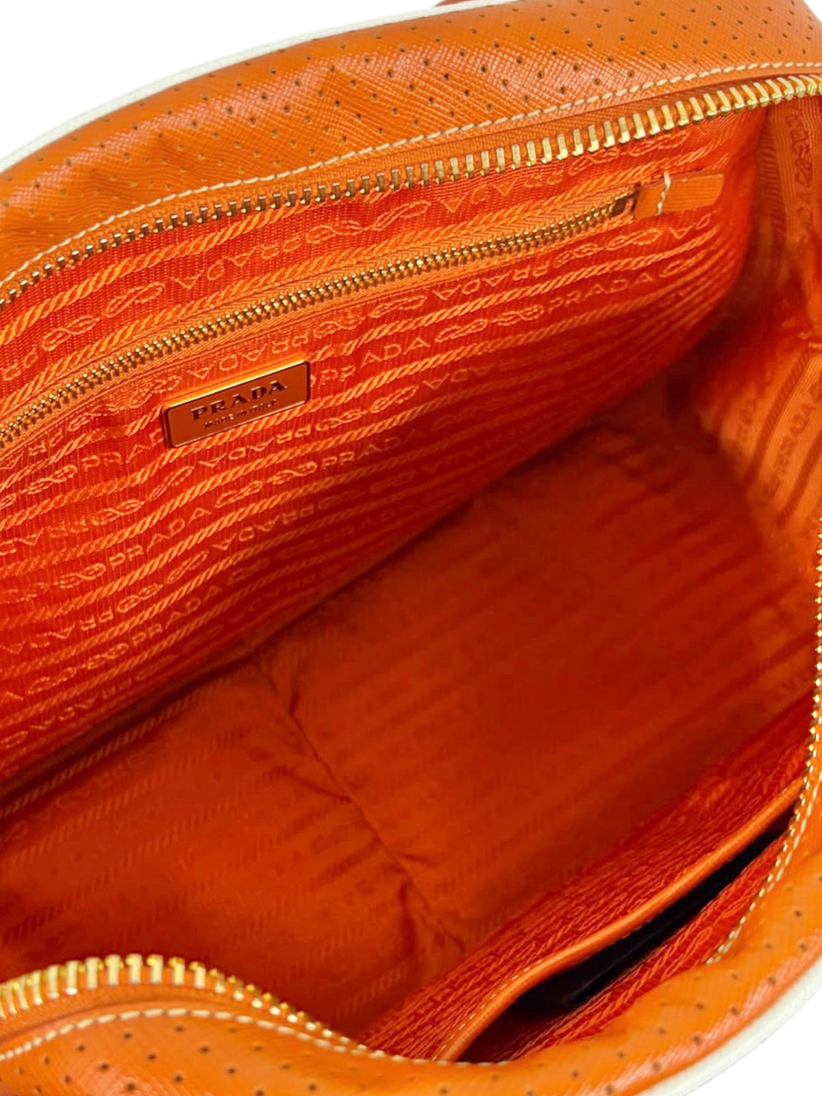 Prada Vintage Orange Perforated Leather Large Top Handle Bowling Bag