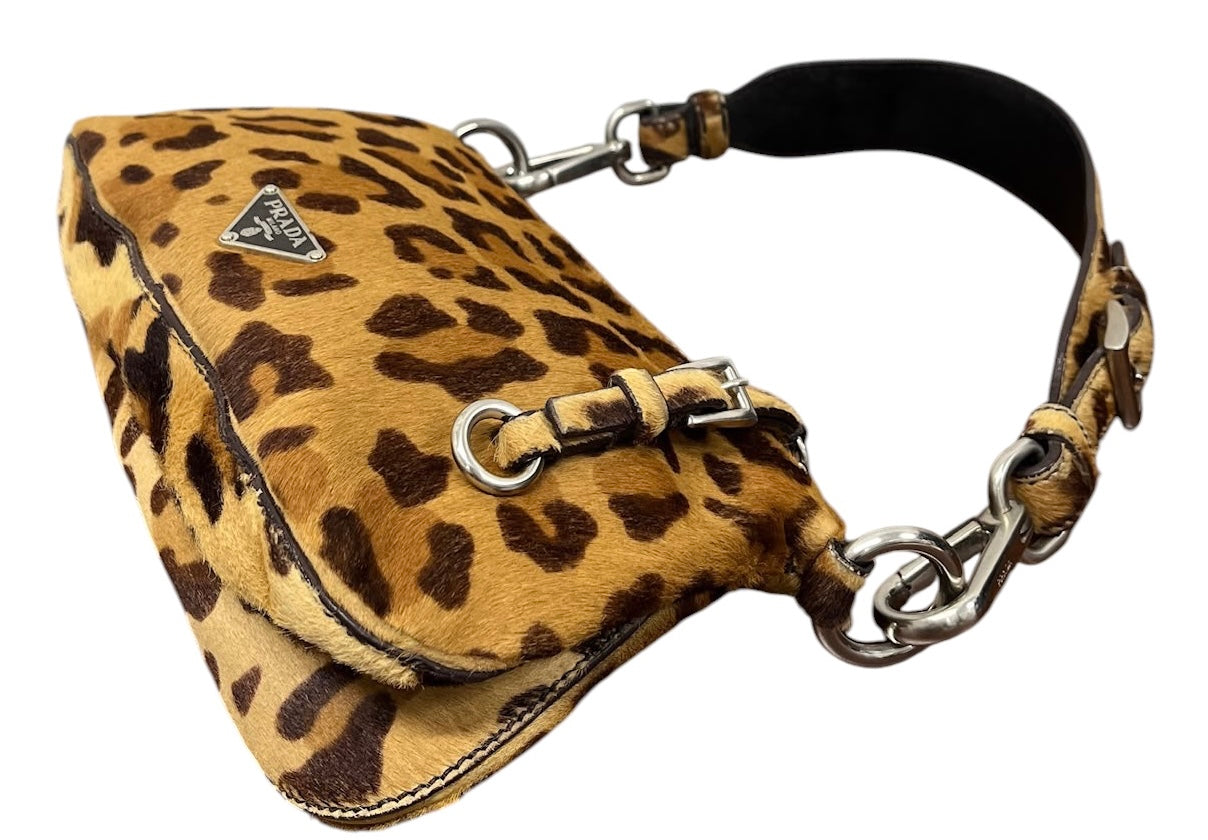 Prada Vintage Brown Leopard Print Pony Hair Cavallino Small Shoulder Bag 