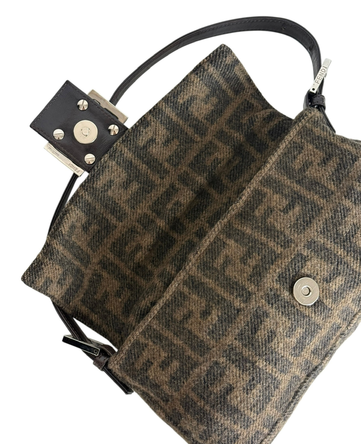 Fendi Vintage Brown Zucca Monogram Knit Wool Shoulder Baguette Bag