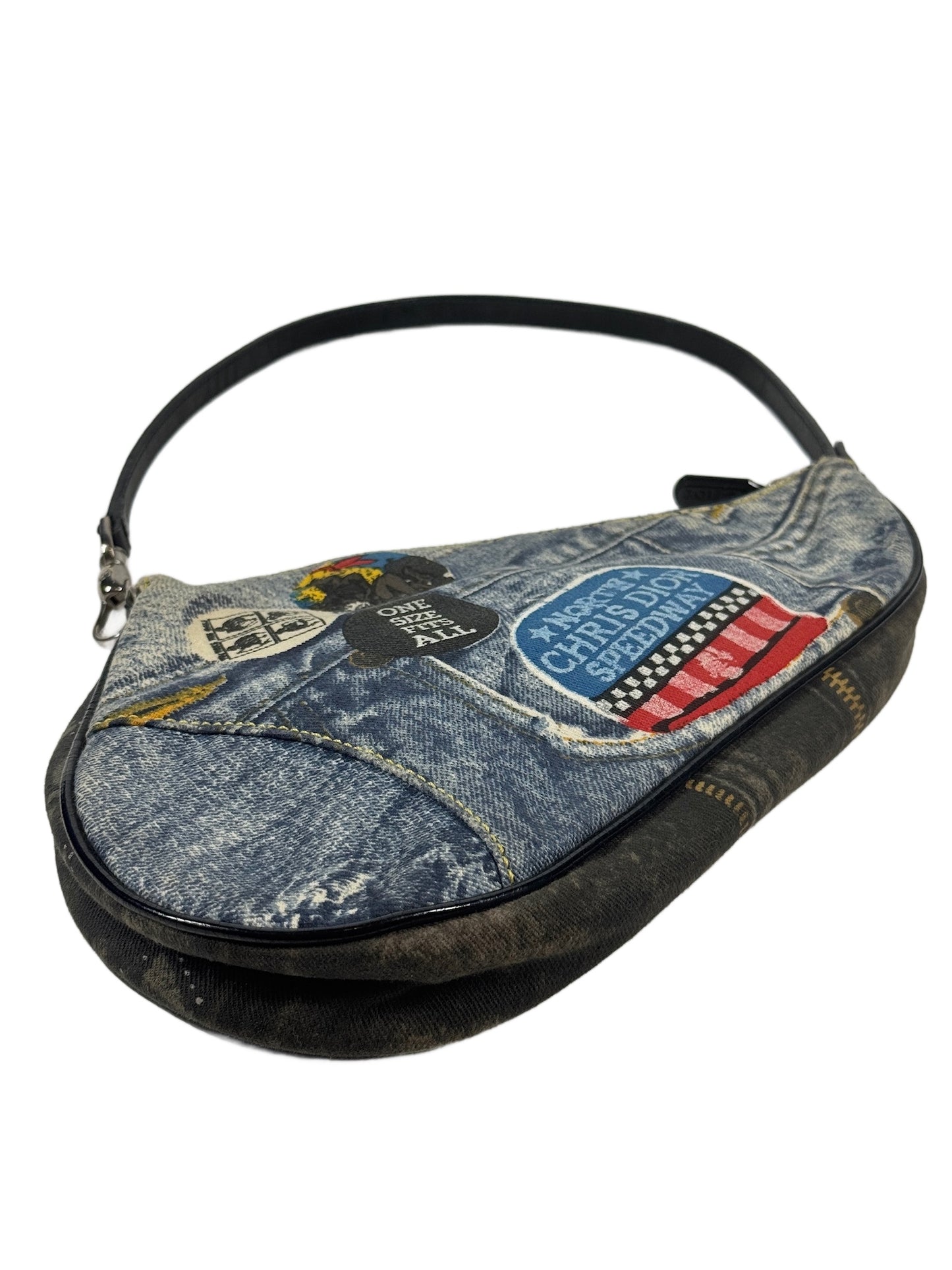 Dior Vintage 00s Blue Denim Speedway Patchwork Mini Saddle Pochette Bag