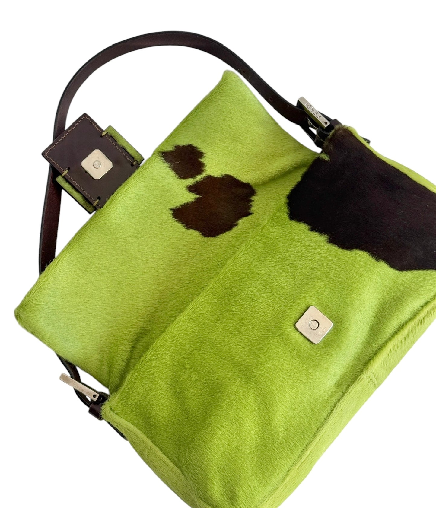 Fendi Vintage Green Cow Print Pony Hair Shoulder Baguette Bag