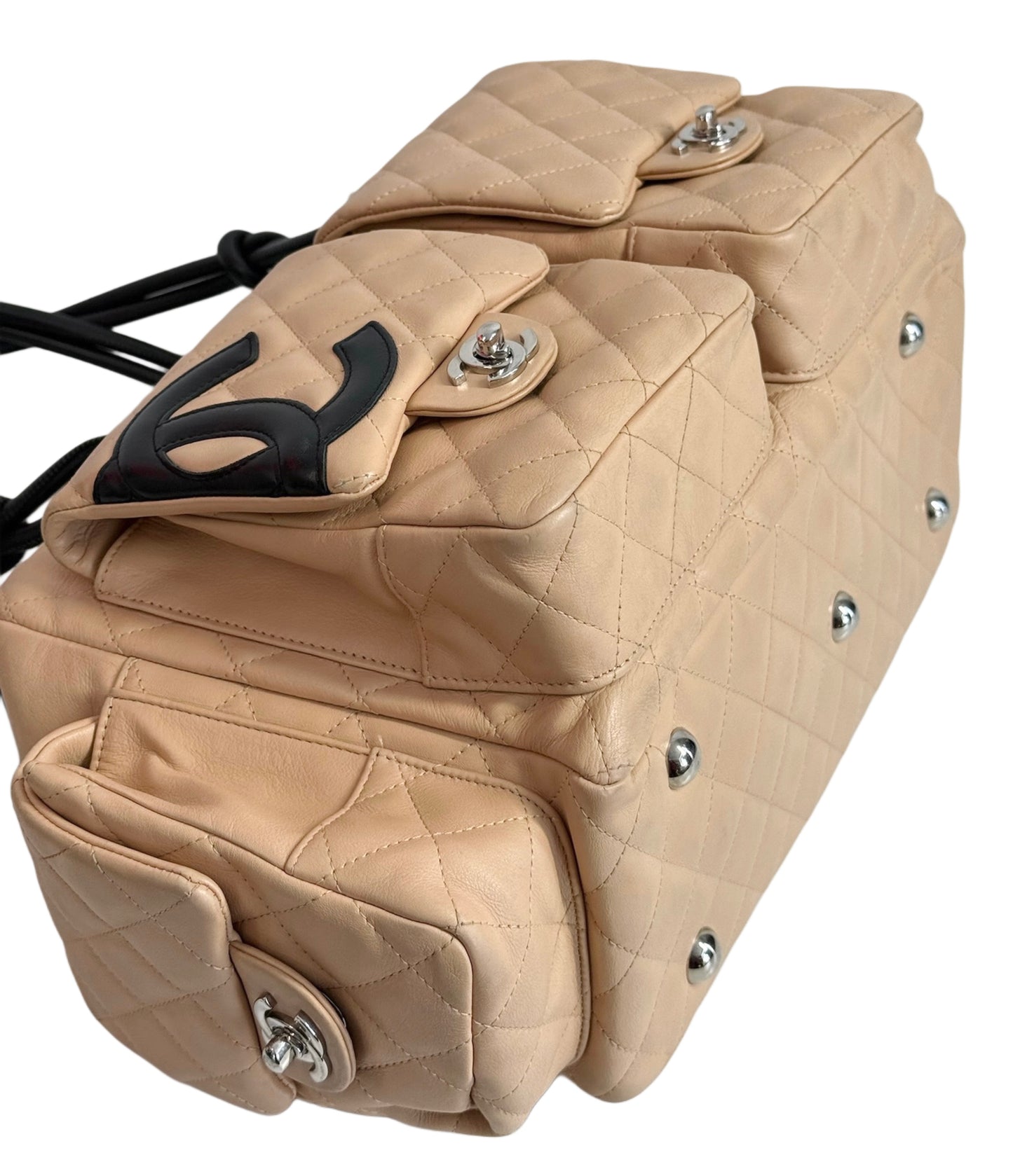 Chanel Vintage 00s Beige Quilted Lambskin Black CC Cambon Large Reporter Shoulder Bag