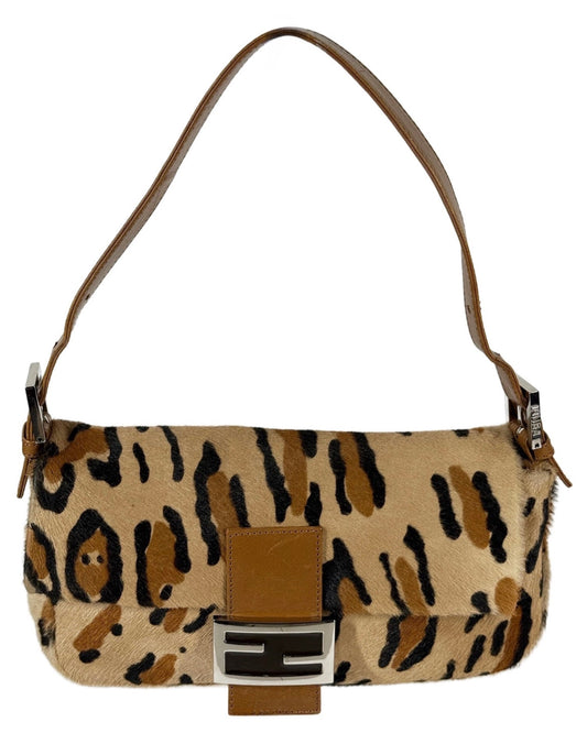 Fendi Vintage Beige Brown Leopard Print Pony Hair Shoulder Baguette Bag