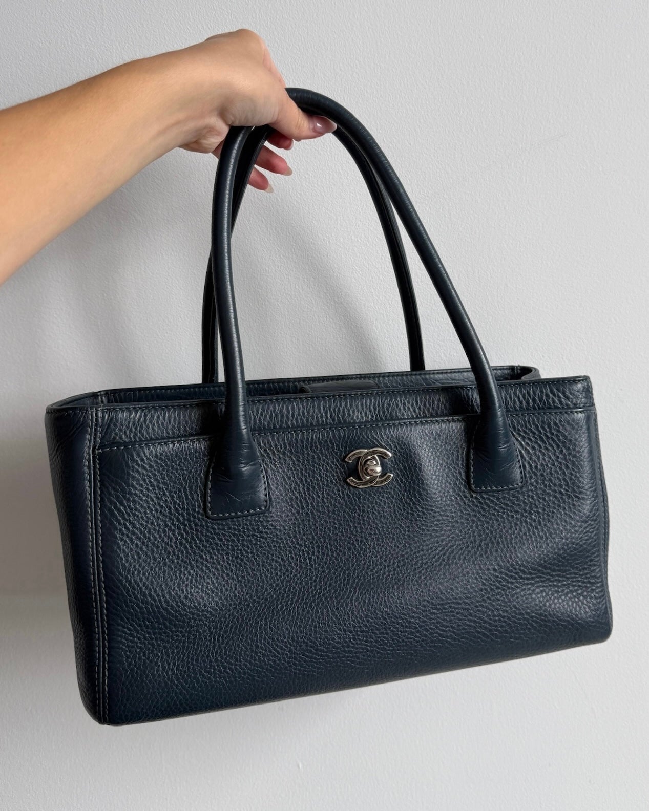 Chanel Navy Blue Calfskin Small Cerf Executive Shoulder Tote Bag with Silver Hardware