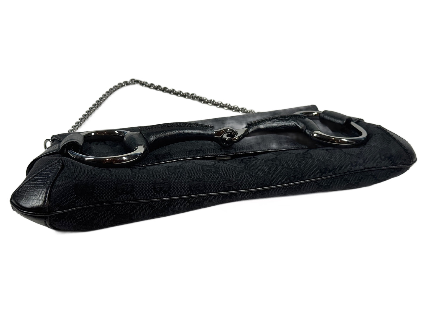 Gucci Vintage Black GG Monogram Horsebit Large Chain Shoulder Clutch Bag