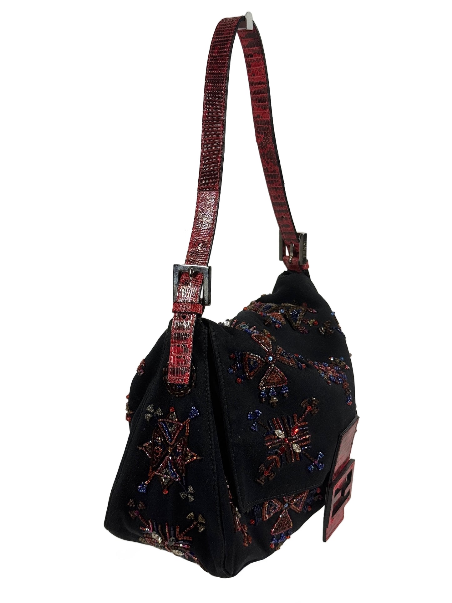 Fendi Vintage Black Nylon Embroidered Beaded Aztec Red Lizard Trim Mamma Baguette Shoulder Bag