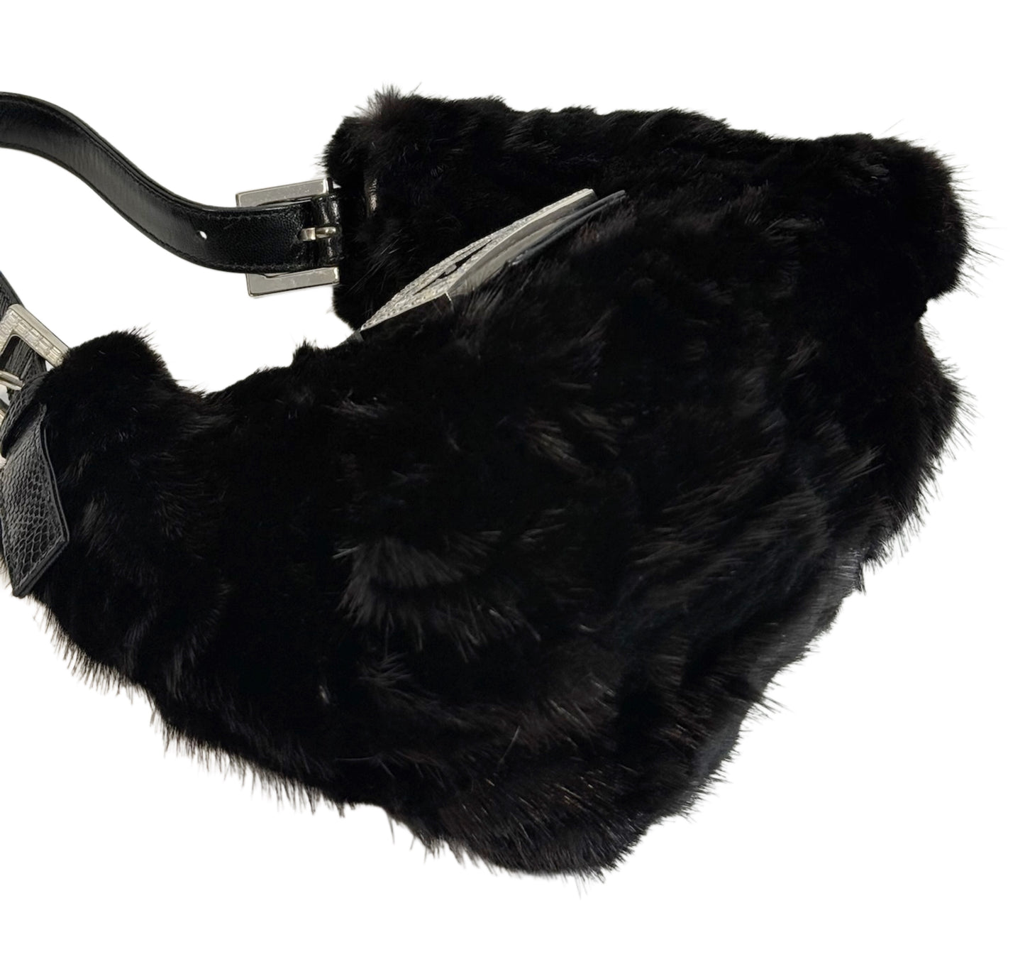 Fendi Vintage Black Zucca Mink Fur Crystal Logo Lizard Trim Shoulder Hobo Mini Baguette Bag