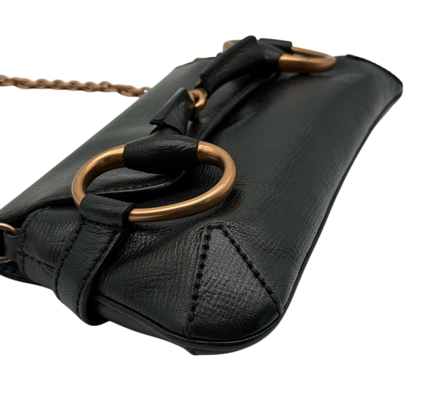 Gucci Vintage Black Leather Small Horsebit Shoulder Clutch Bag