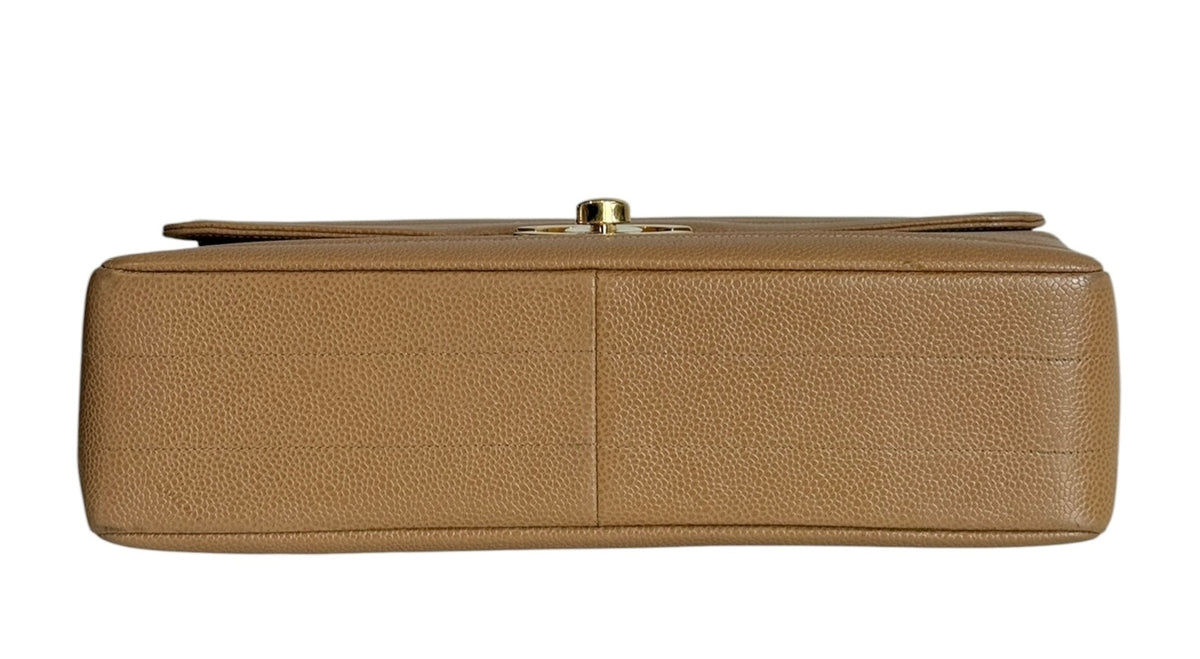 Chanel Vintage 1994-1996 Beige Horizontal Quilted Caviar Leather Jumbo Single Flap Bag with 24K GPHW