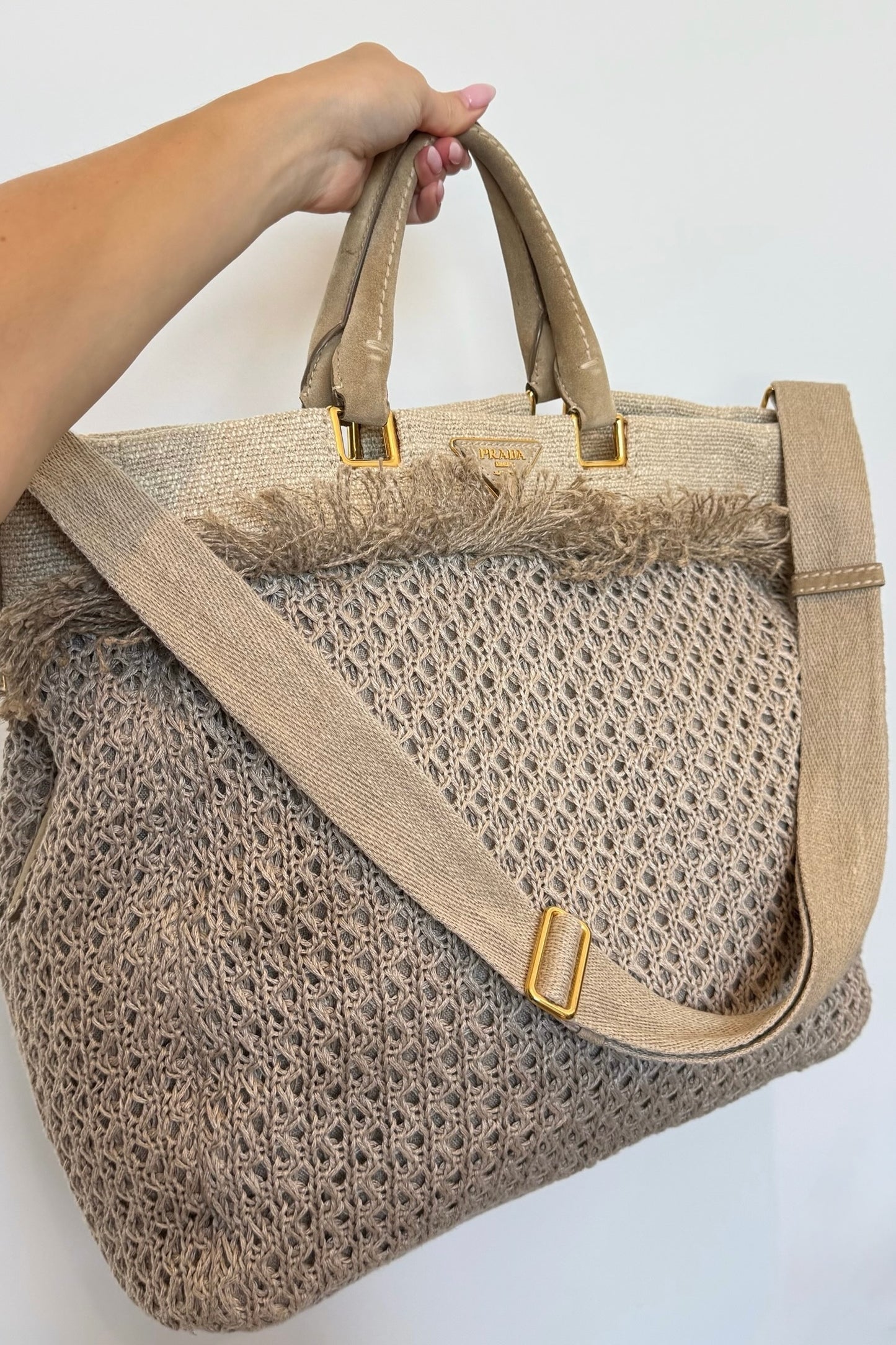 Prada Vintage Beige Taupe Raffia XL Two-Way Beach Tote