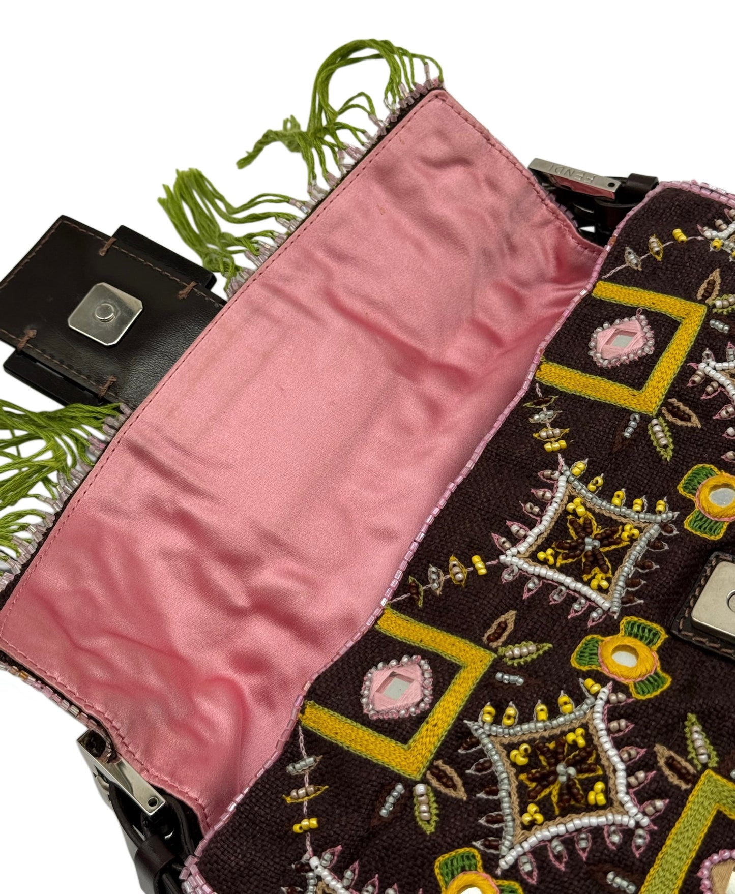 Fendi Vintage Brown Knit Embroidered Pink Beaded Green Fringe Embellished Shoulder Baguette Bag