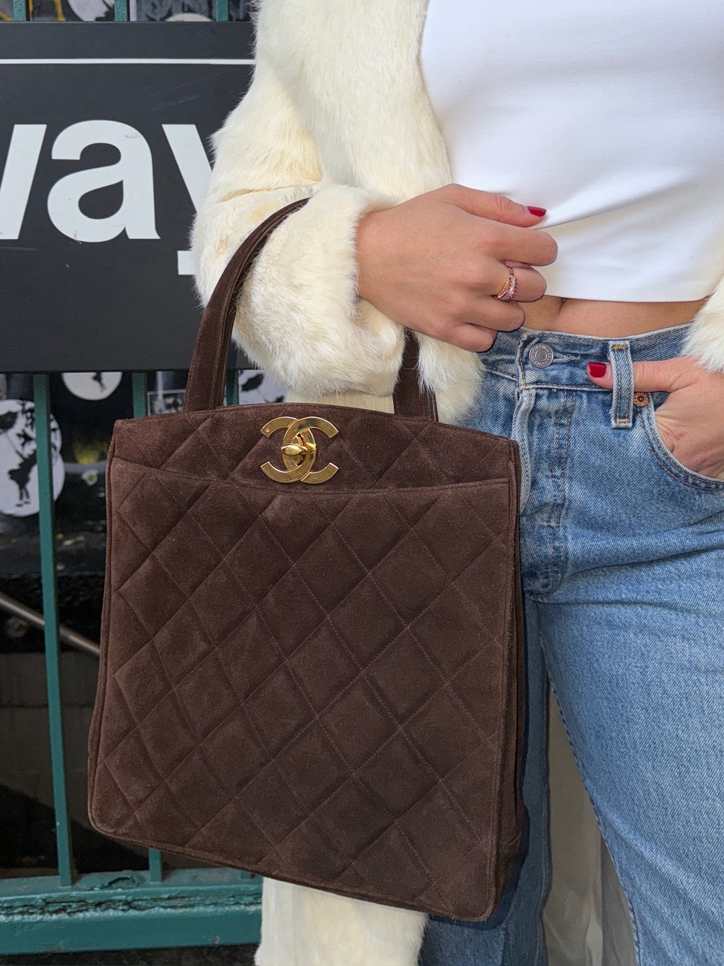 Chanel Vintage 90s Brown Quilted Suede Jumbo CC Matelasse Top Handle Tote Bag