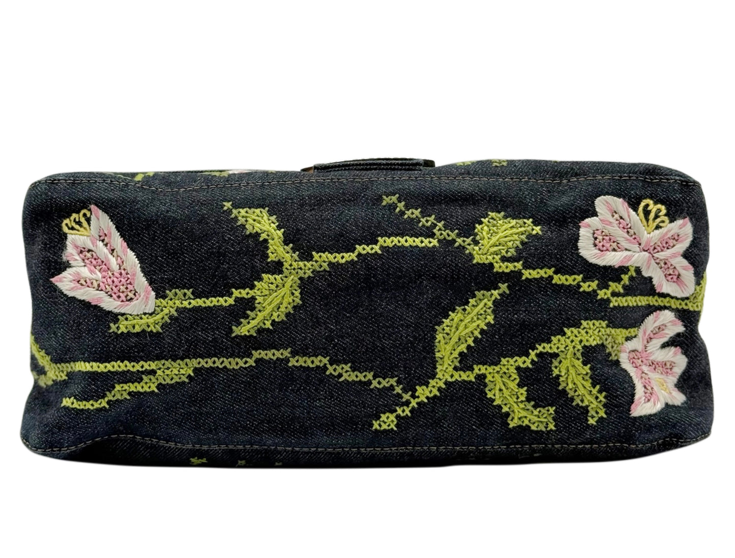 Fendi Vintage Blue Denim Pink Floral Embroidered Mamma Baguette Shoulder Bag