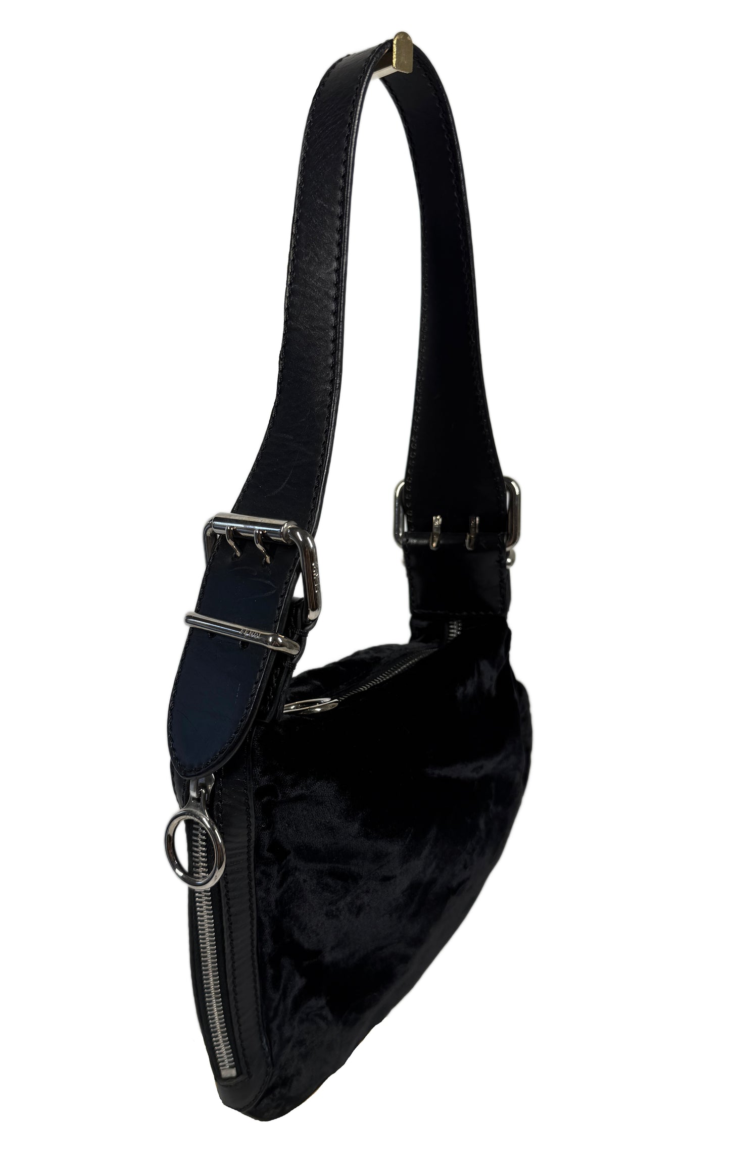 Fendi Vintage Black Velvet Velour Asymmetrical Shoulder Bag