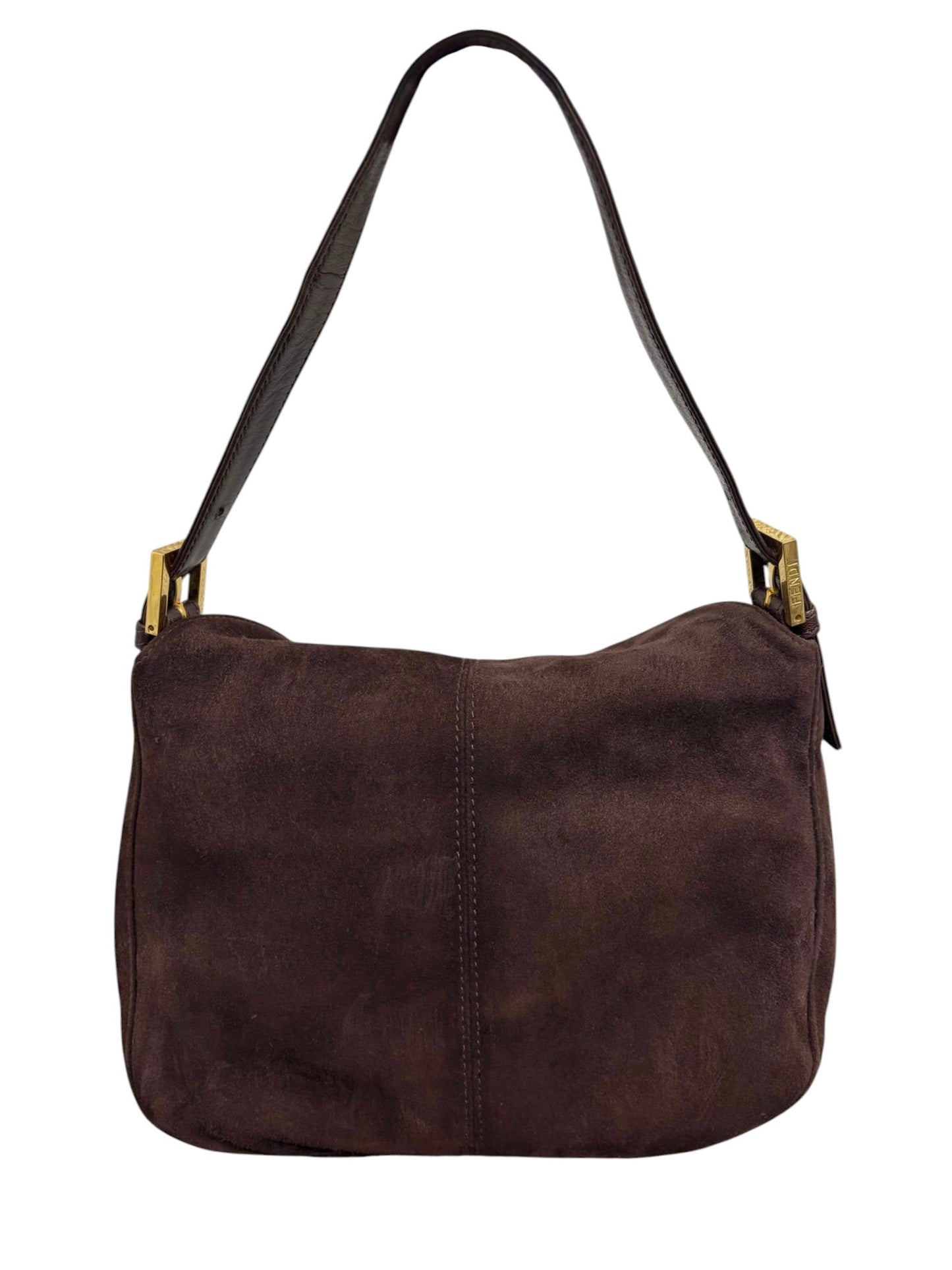 Fendi Vintage Brown Suede Double Flap Bucket Shoulder Baguette Bag 