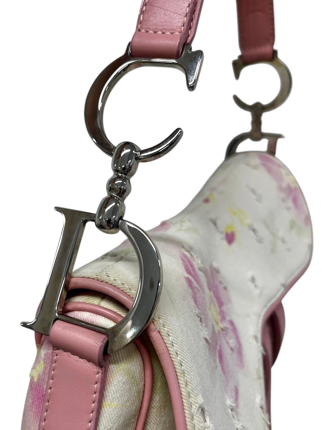 Dior Vintage 2003 White Distressed Pink Floral Canvas Leather Trim Medium Saddle Shoulder Bag