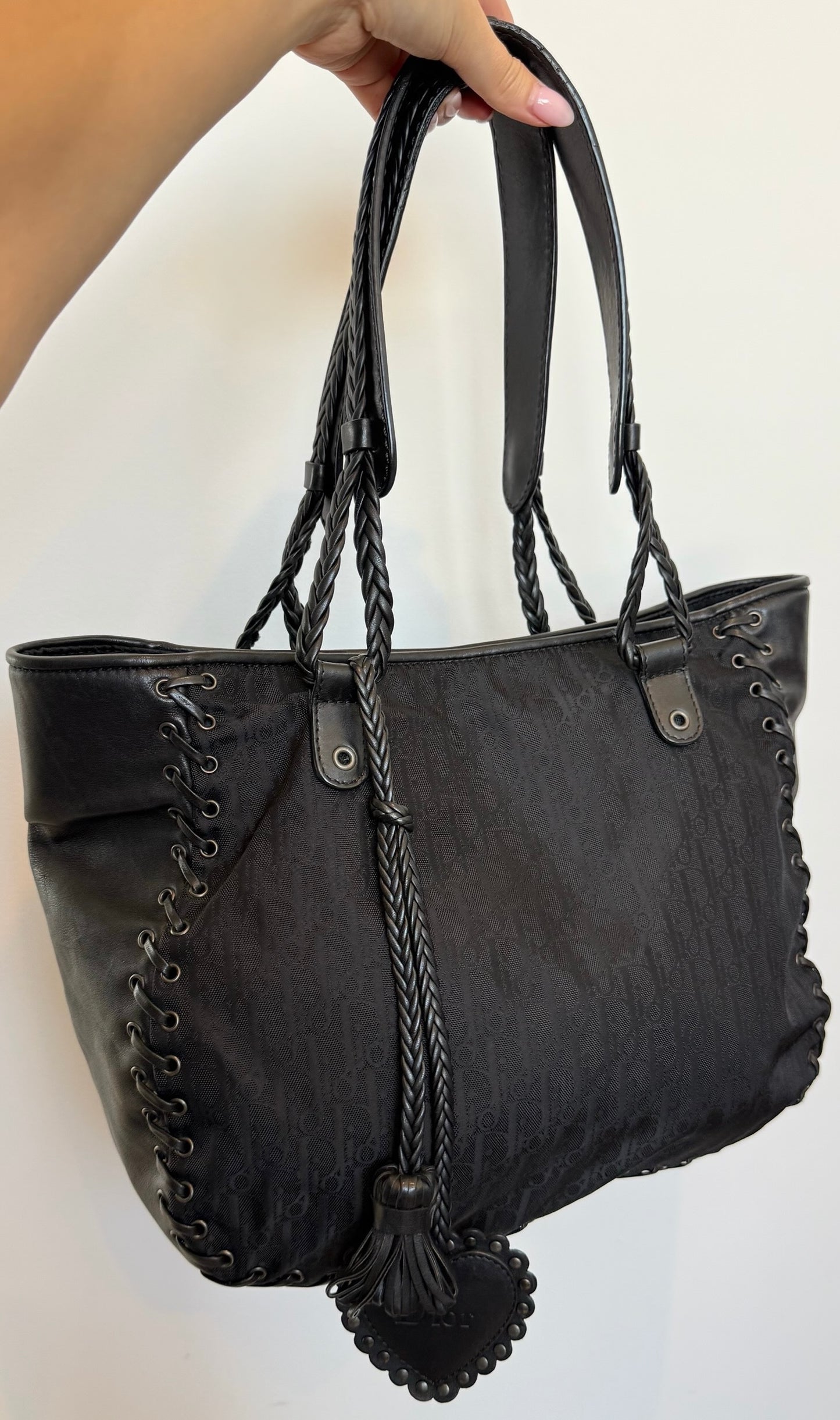 Dior Vintage 2007 Black Diorissimo Monogram Nylon & Leather Lace Up Corset Shoulder Tote Bag with Heart Charm