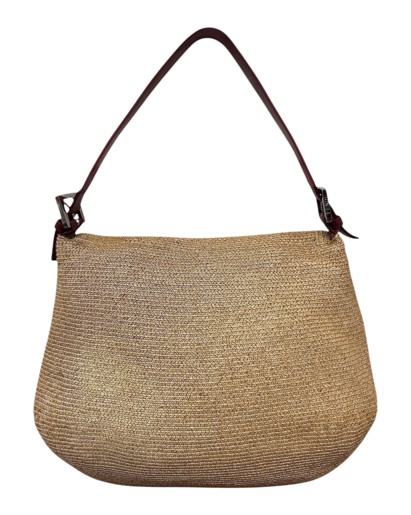 Fendi Vintage Beige Raffia and Red Leather Trim Mamma Baguette Shoulder Bag 