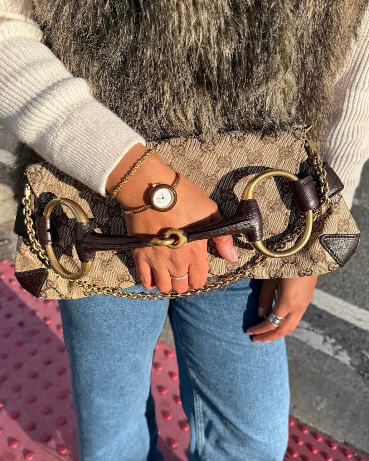 Gucci Vintage Brown GG Monogram Large Horsebit Shoulder Clutch Bag