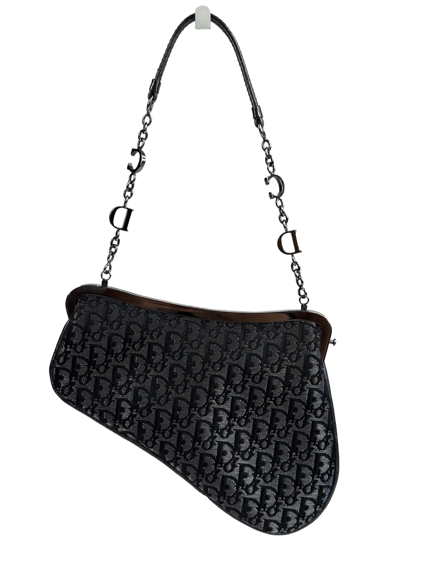 Dior Vintage 2003 Metallic Grey Diorissimo Monogram Micro Mini Evening Saddle Bag