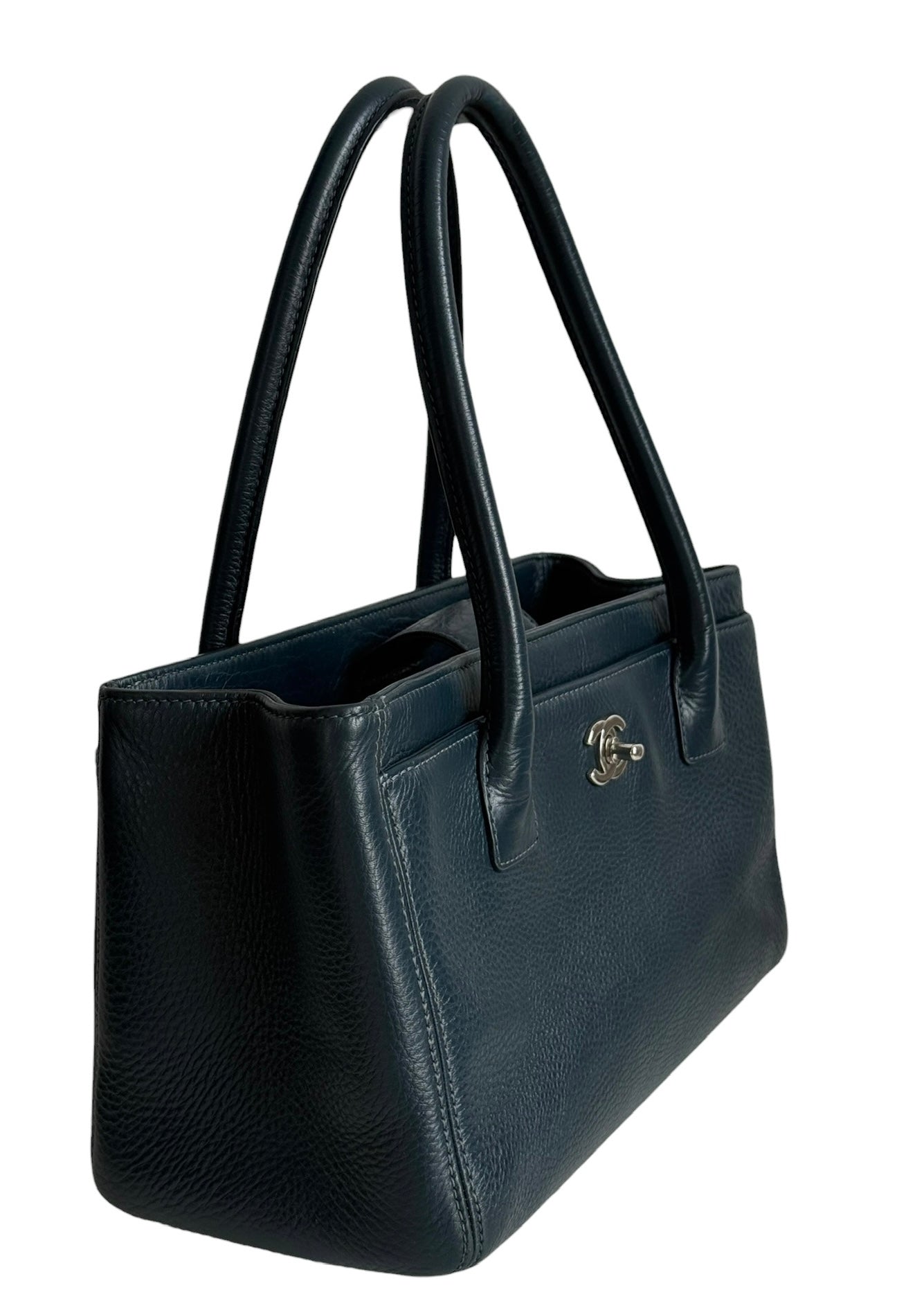 Chanel Navy Blue Calfskin Small Cerf Executive Shoulder Tote Bag with Silver Hardware