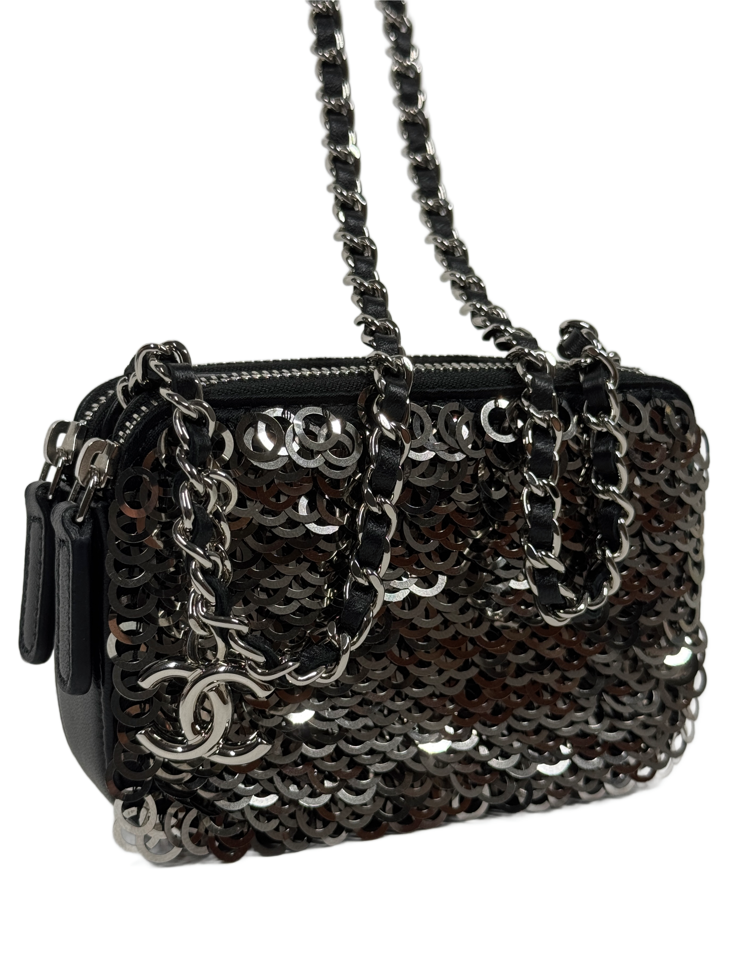 Chanel Silver Sequin & Black Leather Mini Double Zip Chain Shoulder & Crossbody Bag