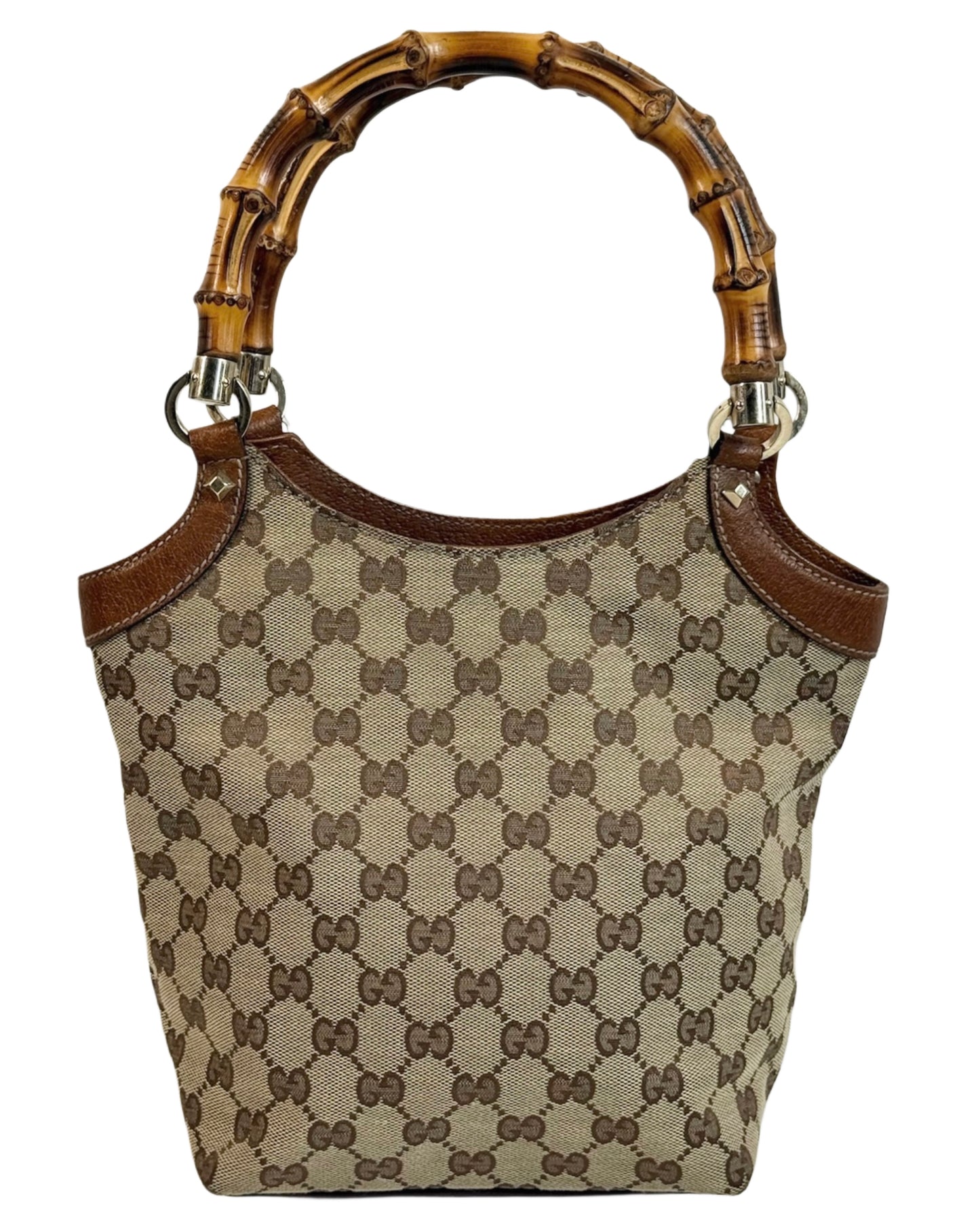 Gucci Vintage Brown GG Monogram Canvas Bamboo Handle Small Shoulder Tote Bag