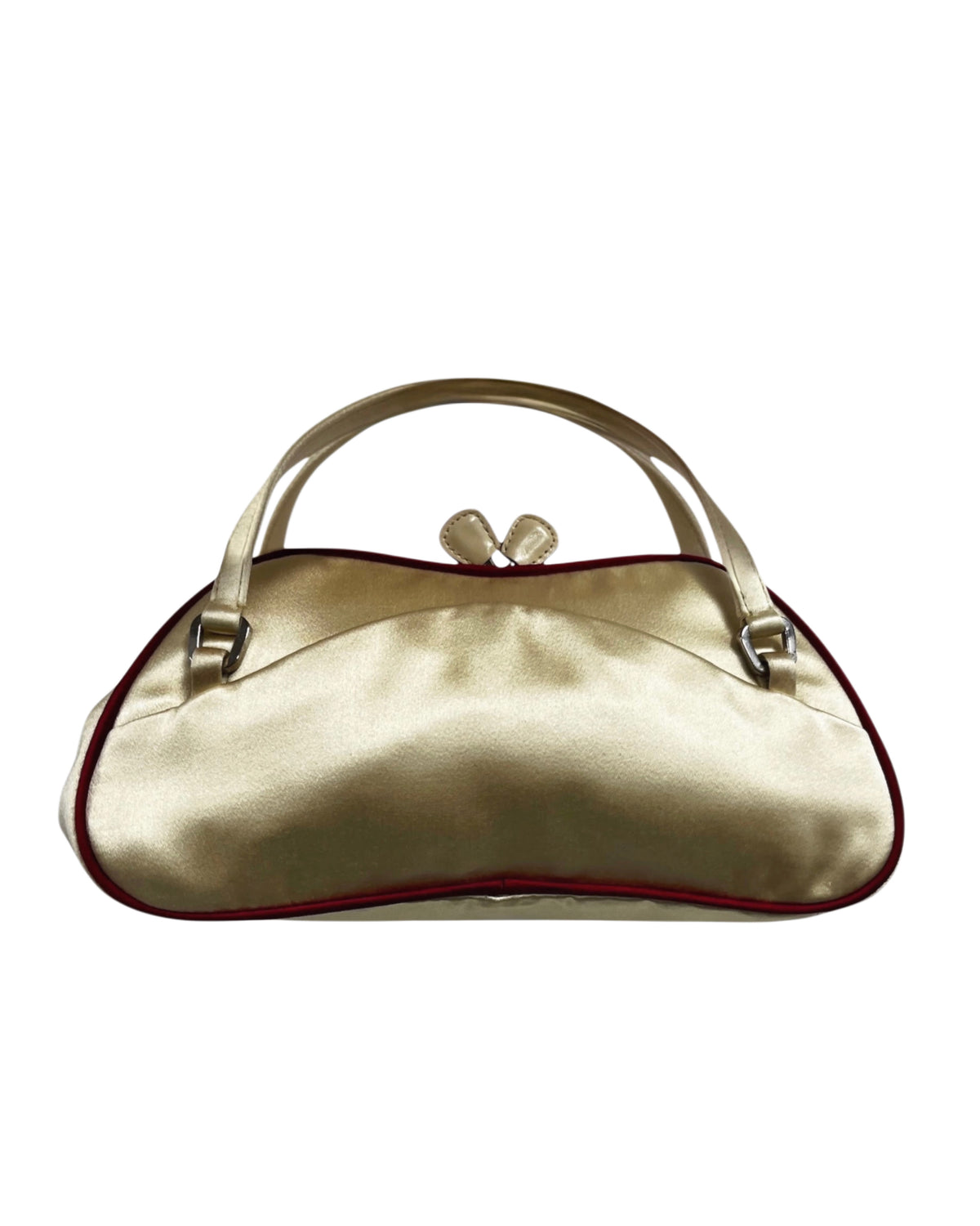 Prada Vintage Ivory with Red Piping Satin Kisslock Mini Top Handle Evening Bag with Mirror
