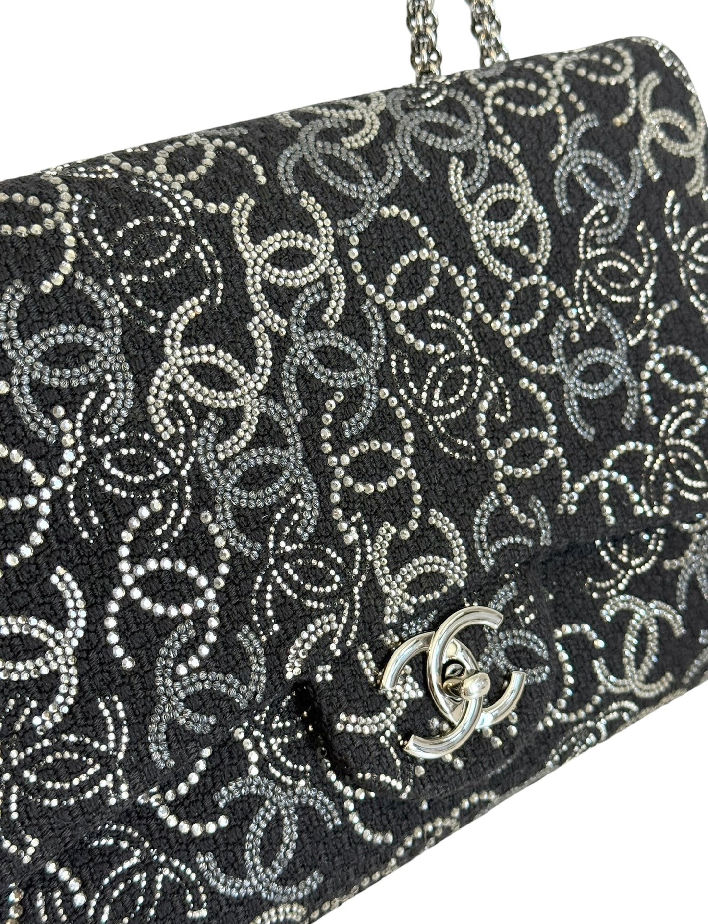 Chanel Vintage Paris-Shanghai Pudong Strass Black Tweed and Crystal CC Logo Jumbo Classic Flap Bag