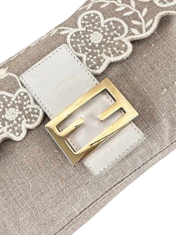 Fendi Vintage Beige Linen White Floral Embroidered Shoulder Baguette Bag