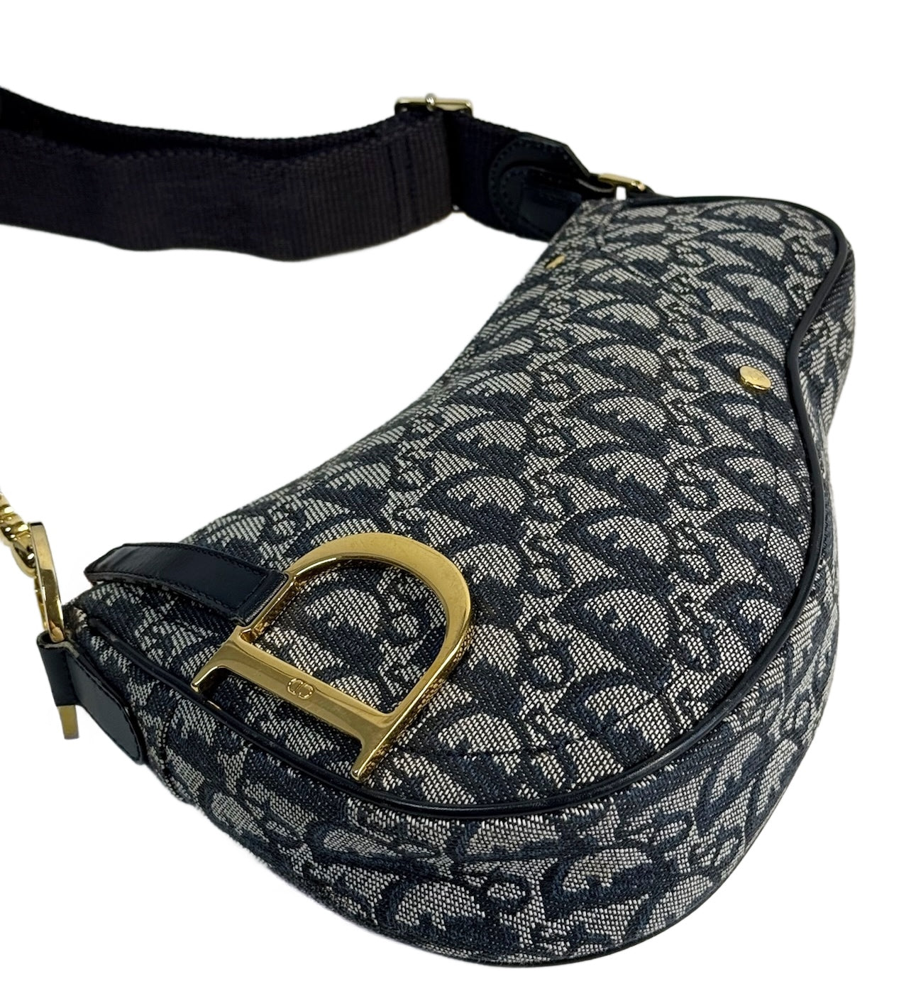 Dior Vintage 2004 Navy Blue Trotter Monogram D Charm Logo Shoulder Crossbody Saddle Bag