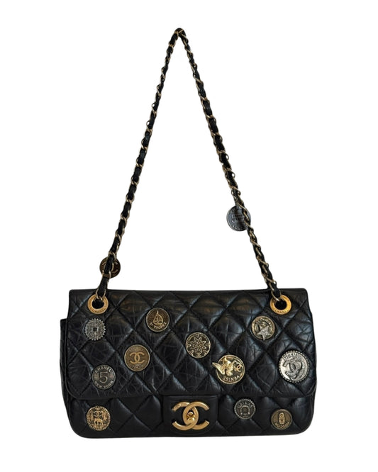 Chanel 2015 Paris-Dubai Black Crinkled Calfskin Medallions Medium Single Flap Bag with AGHW