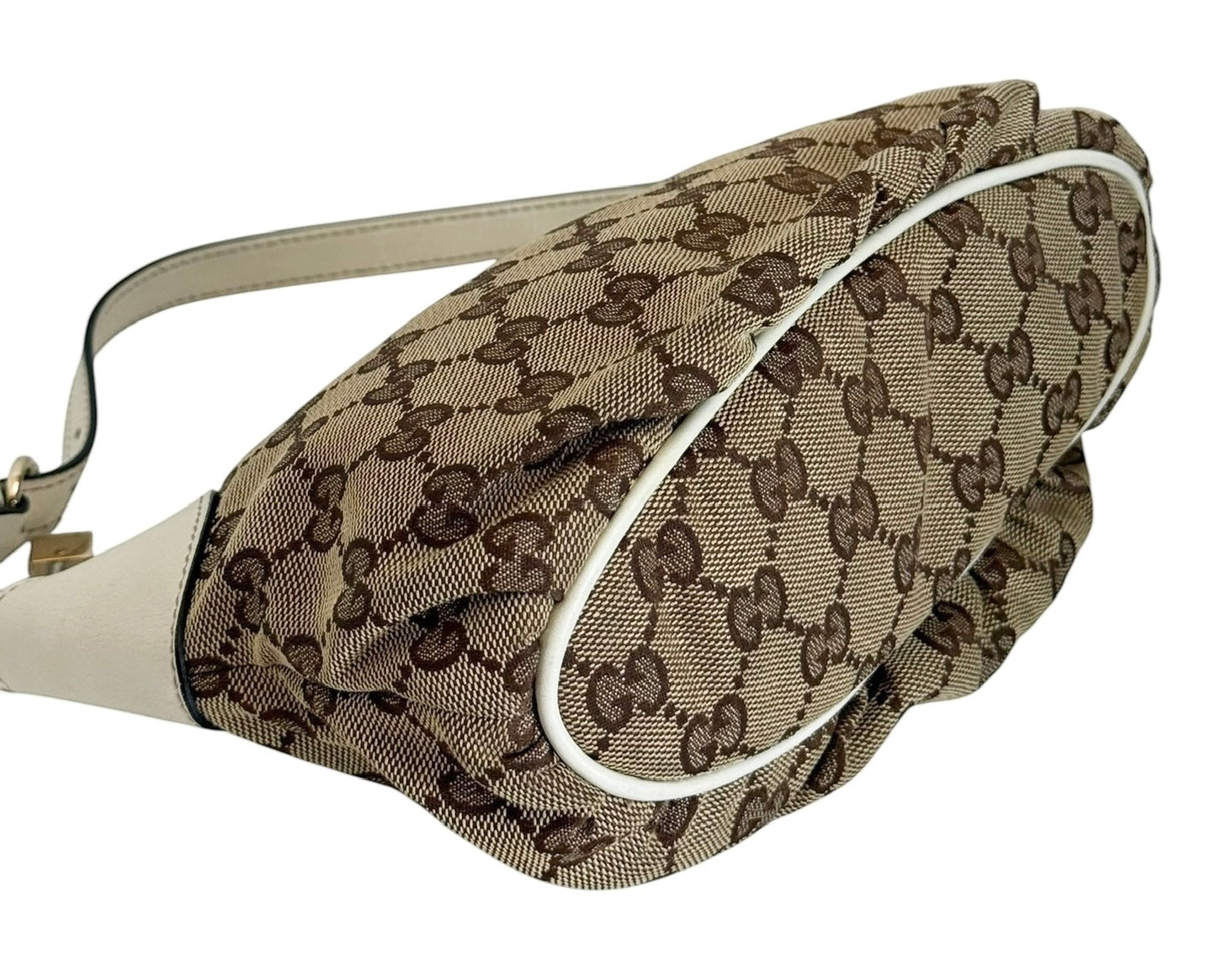 Gucci Vintage Brown GG Monogram Ivory Leather Trim Striped Pull Ruffle Small Pochette Bag