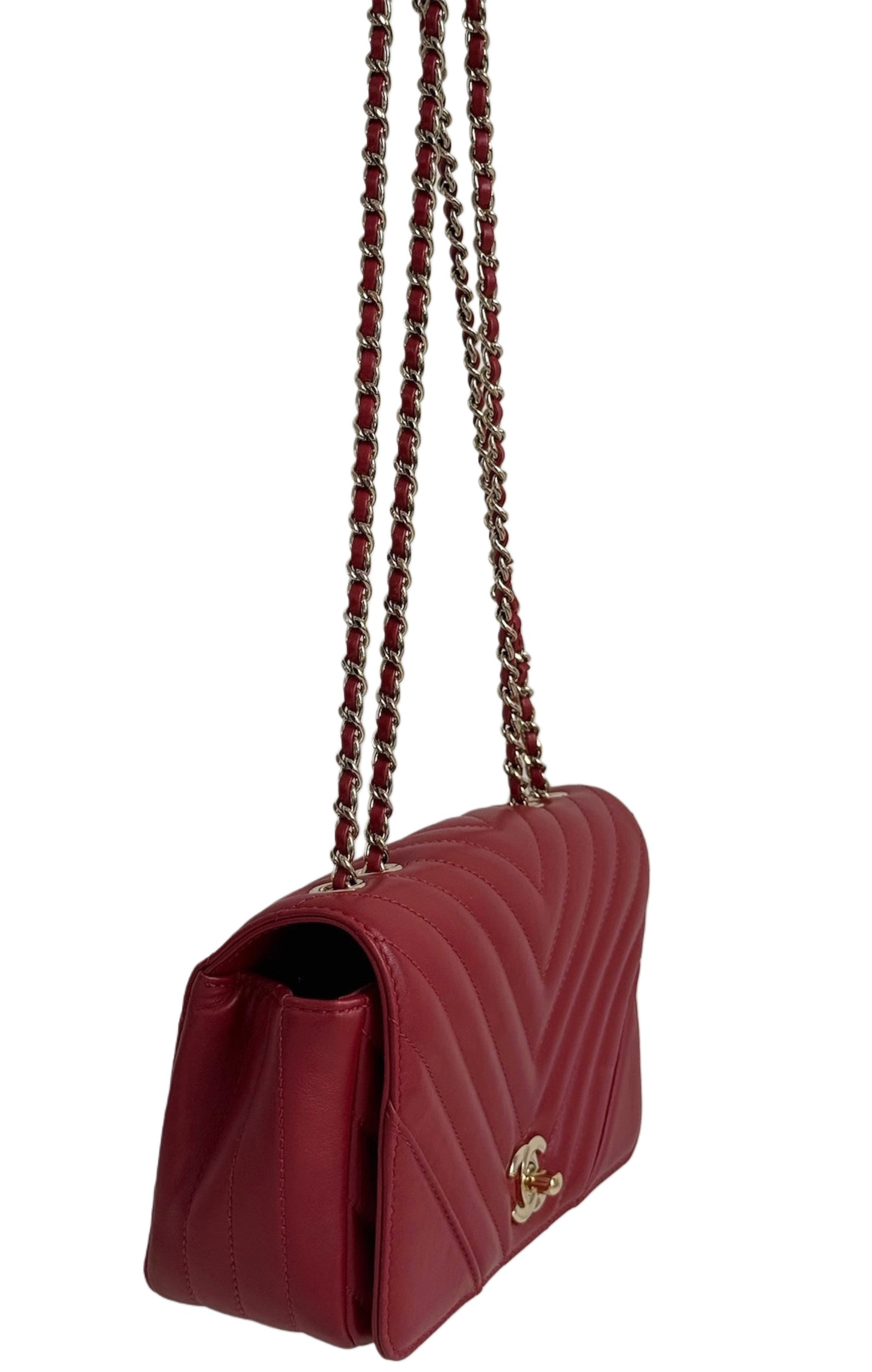 Chanel 2019 Red Chevron Lambskin Mini Full Flap Bag