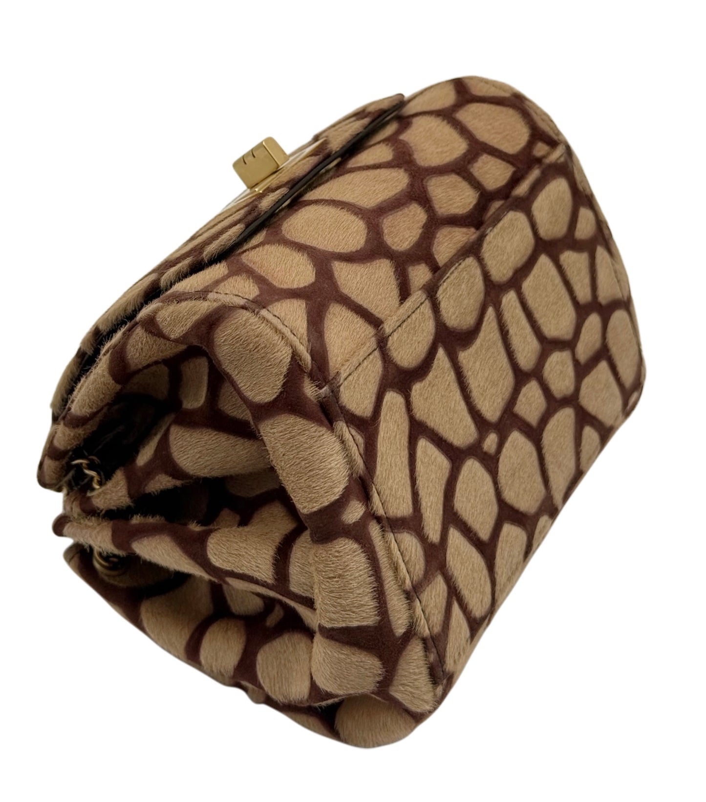 Chanel Vintage 00s Beige & Brown Giraffe Print Pony Hair Logo Reissue Turnlock Mini Top Handle Flap Bag