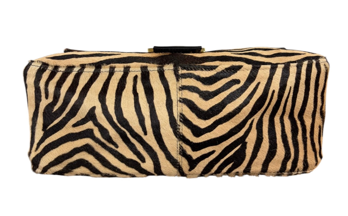 Fendi Vintage Beige Zebra Print Pony Hair Mamma Baguette Shoulder Bag with Red Enamel Trim