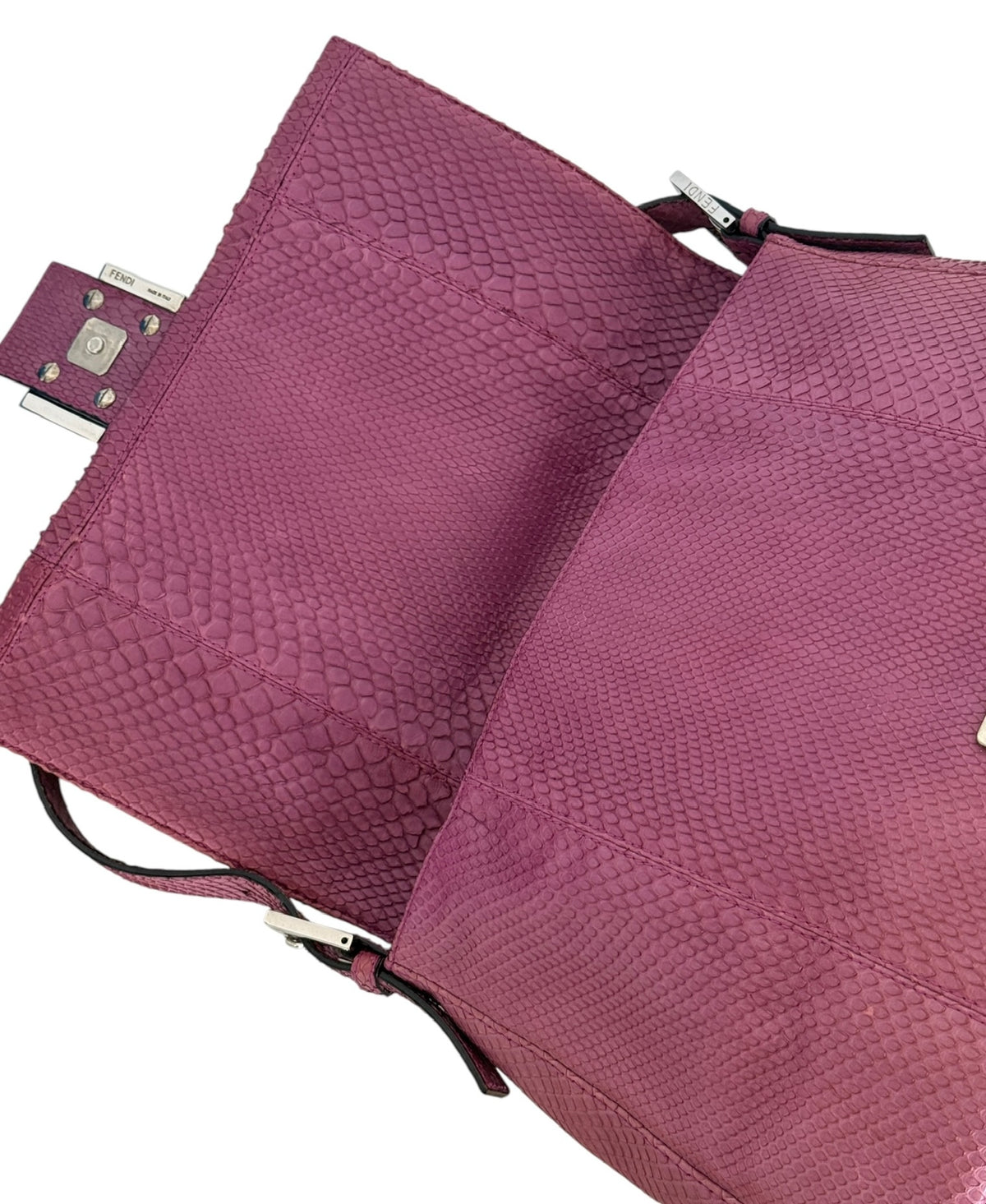 Fendi Vintage Fuchsia Pink Python Blue Marble Logo XL Mamma Shoulder Baguette Bag